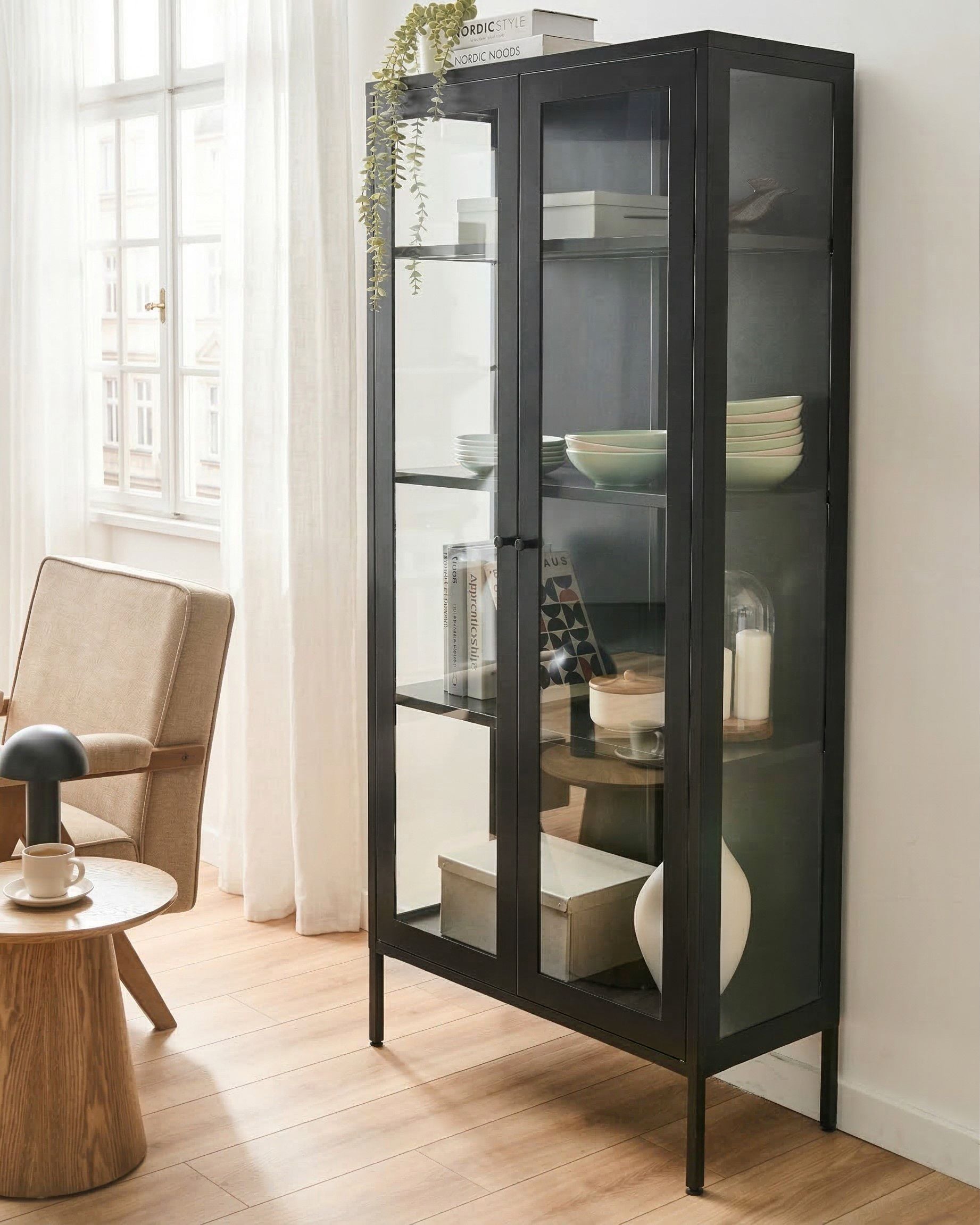 Glass Display Cabinet with LED LED HARTY Metal 80 cm Black