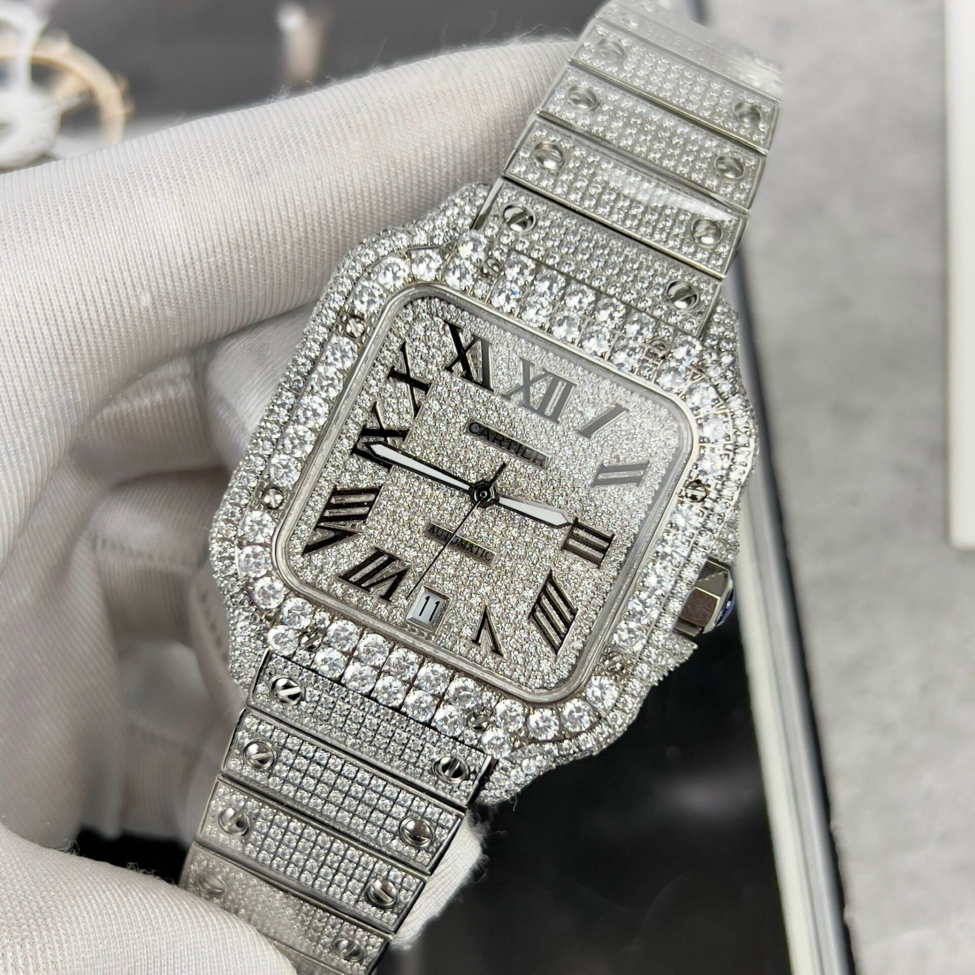 Cartier Santos High Quality Replica Watch With Stone Bezel 39.8mm - Elite Watch Atelier