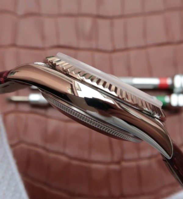 Replica Rolex Day-Date 36mm 118139-L Red Dial Stick Markers Brown Leather Strap A2836 - Elite Watch Atelier
