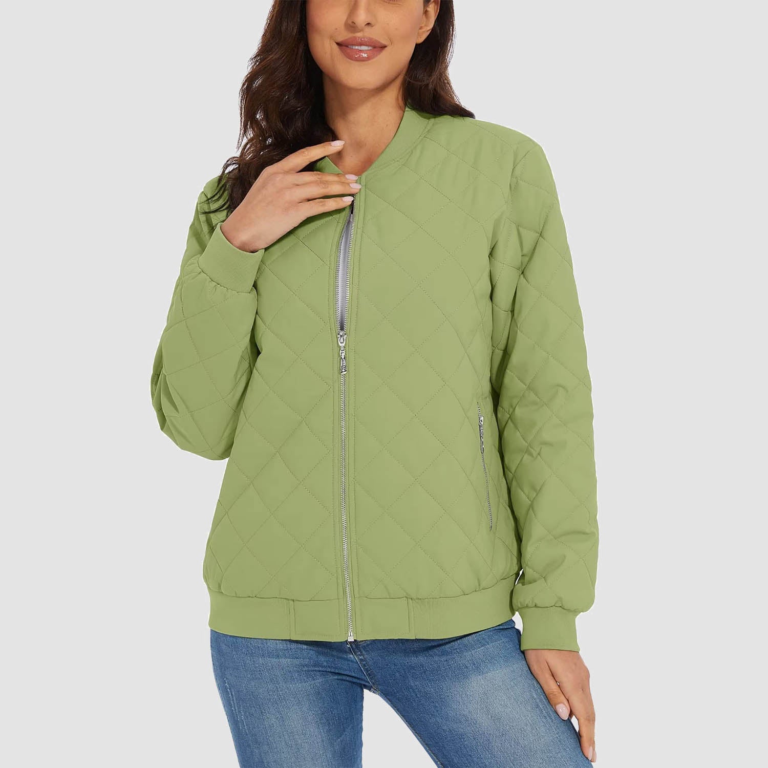 Women's Quilted Jackets Bomber Jacket with 2 Zip Pockets Puffer Casual Winter Jacket