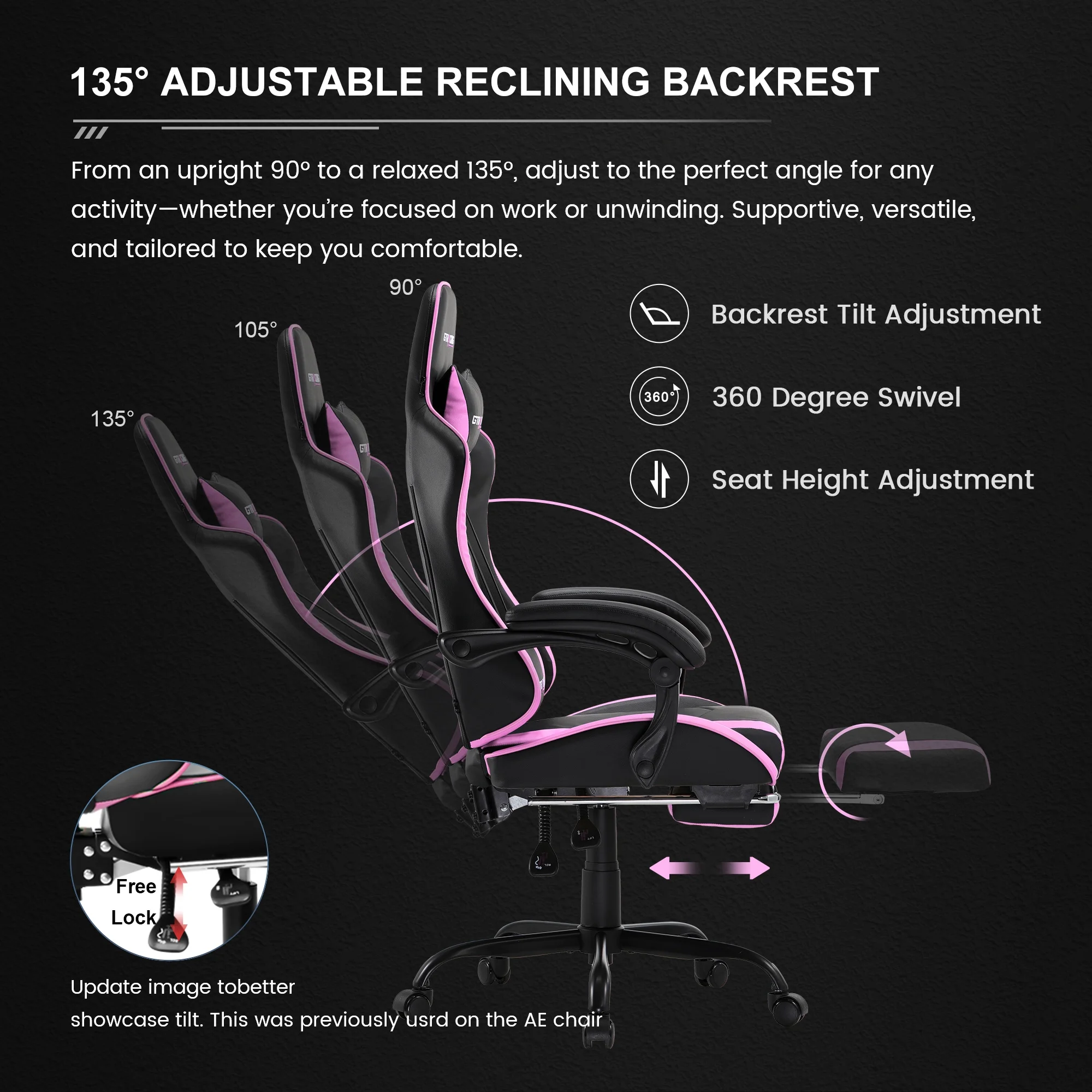 GTRACING GTWD-200 Ergonomic Gaming Chair with Adjustable Pillows and Footrest , White - Image 34