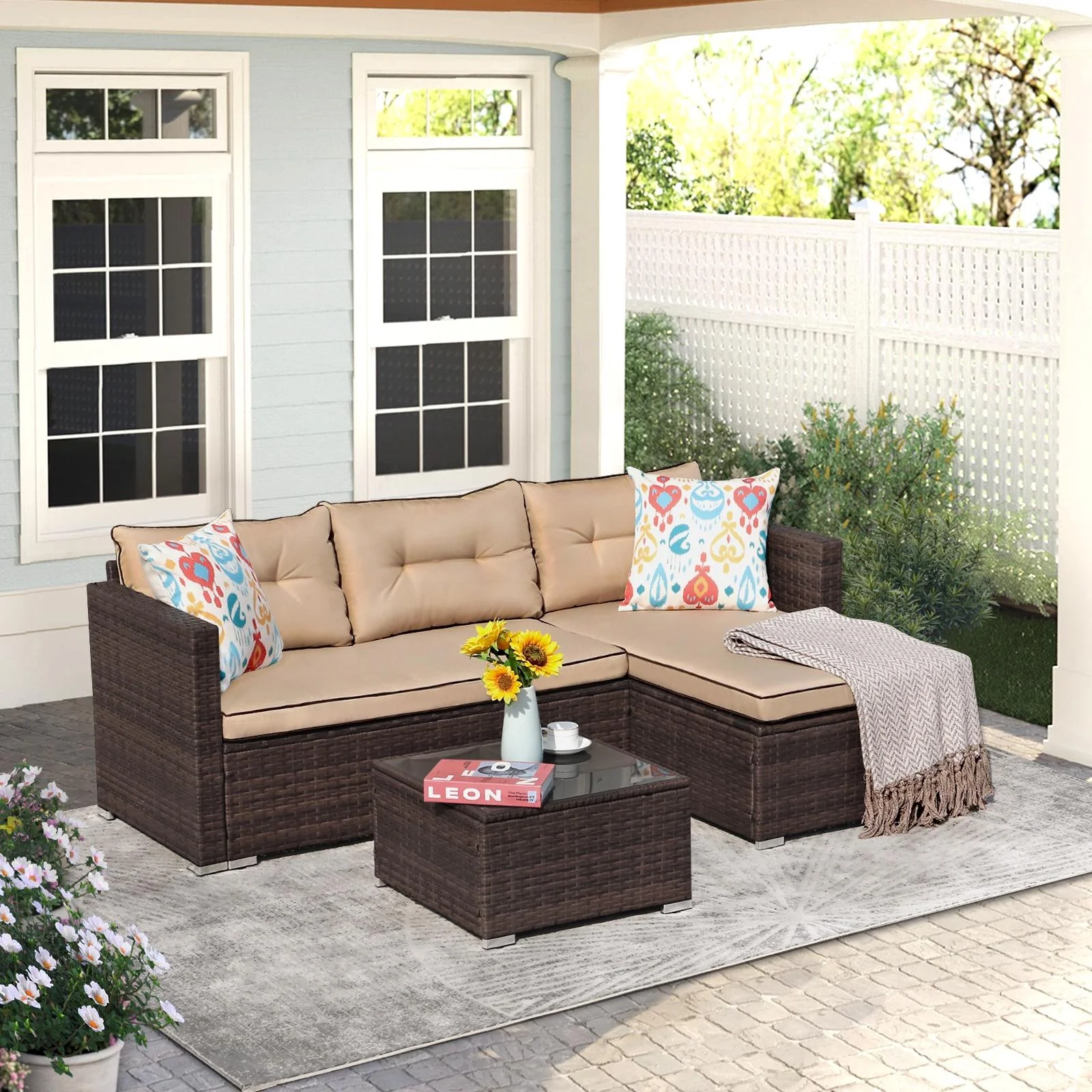 JOIVI 3 Pieces Patio Conversation Set, PE Wicker Rattan Outdoor Furniture Set, 2 Ways Small Sectional Sofa, Tempered Glass Coffee Table, Silver-Gray - Image 23