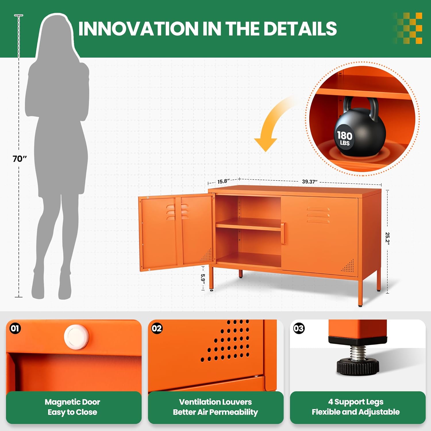 Orange Metal Storage Cabinet with 2 Doors and Adjustable Shelves, Multipurpose Metal Locker Accent Cabinet, 25