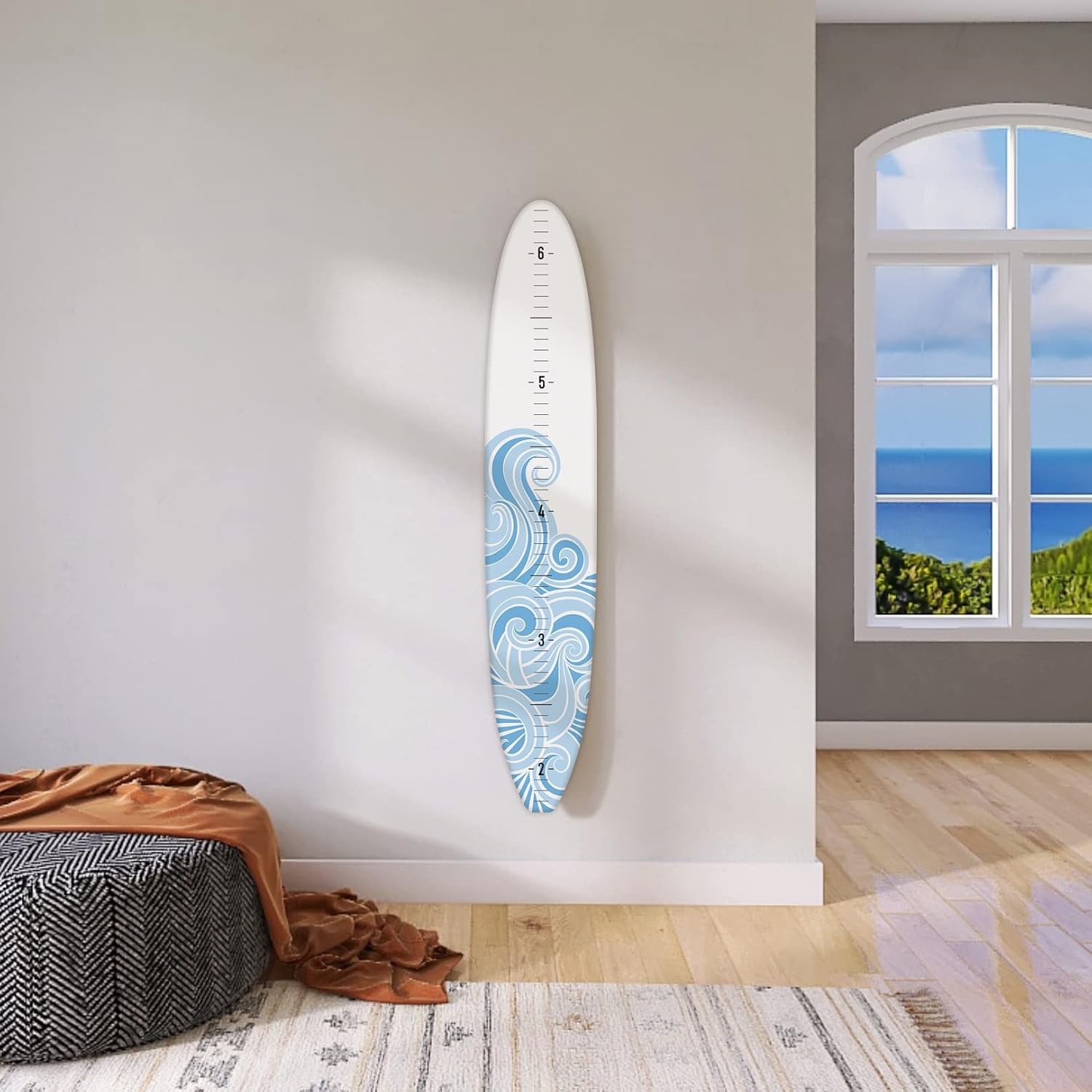Headwaters Studio Surf Board Growth Chart - Wooden Surfboard Decor Small Surfboard Baby Growth Chart for Wall Grow Chart Baby Wall Growth Chart Baby Measuring Board - White w/Blue Wave - 57