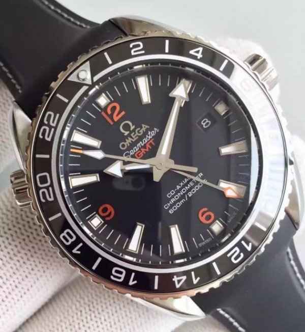 Replica Omega Planet Ocean SS GMT Black Dial Orange Markers Rubber Strap A8605 - Elite Watch Atelier