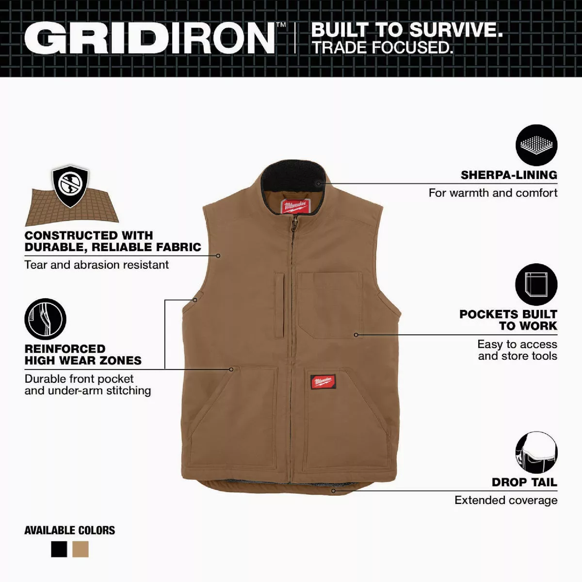 Milwaukee GRIDIRON Men's Medium Brown Sherpa-Lined Vest