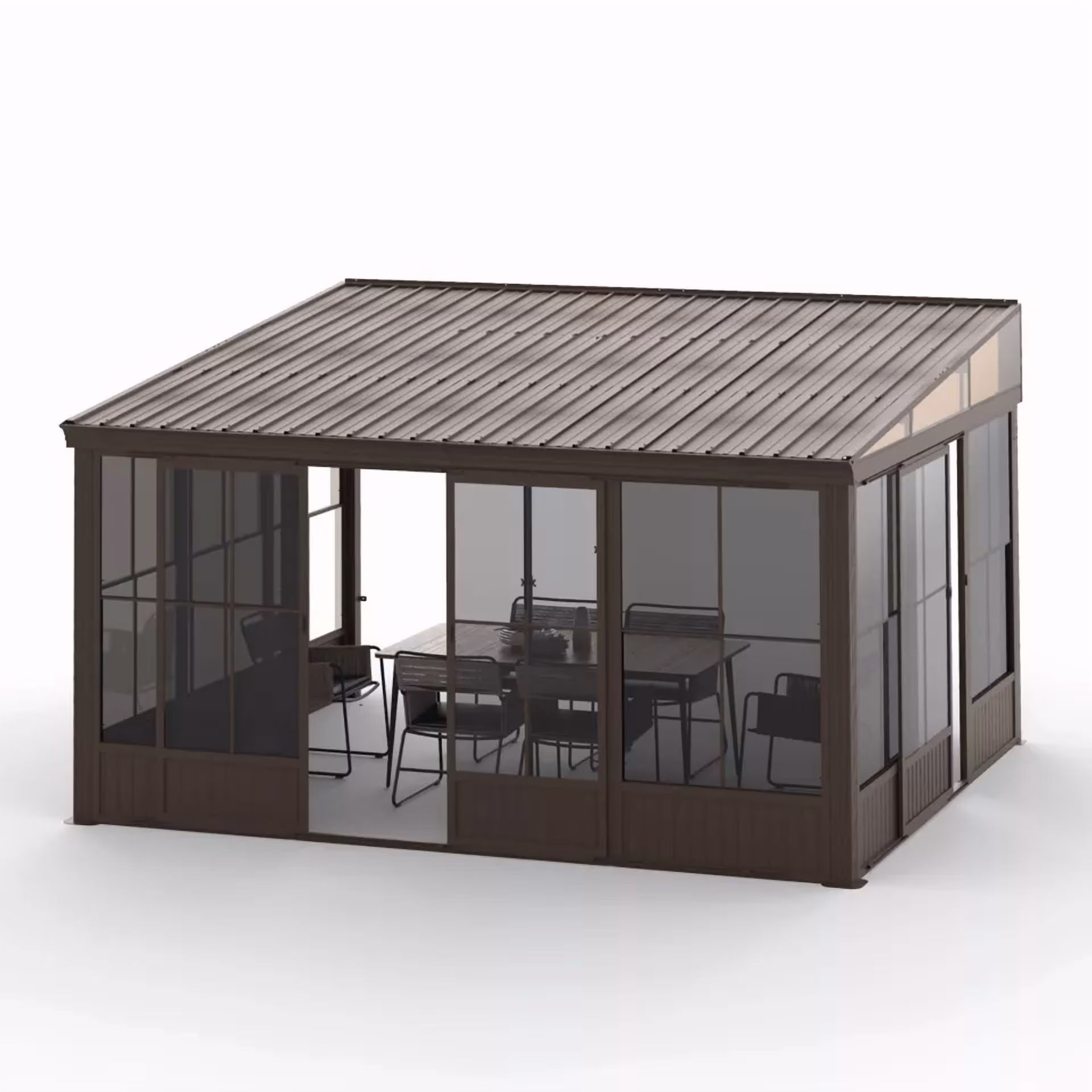 TOTAL Outdoor 10'x12' All-Season Sunroom Gazebo with Steel Roof, PVC Screen, Front & Side Door, Brown - Image 11
