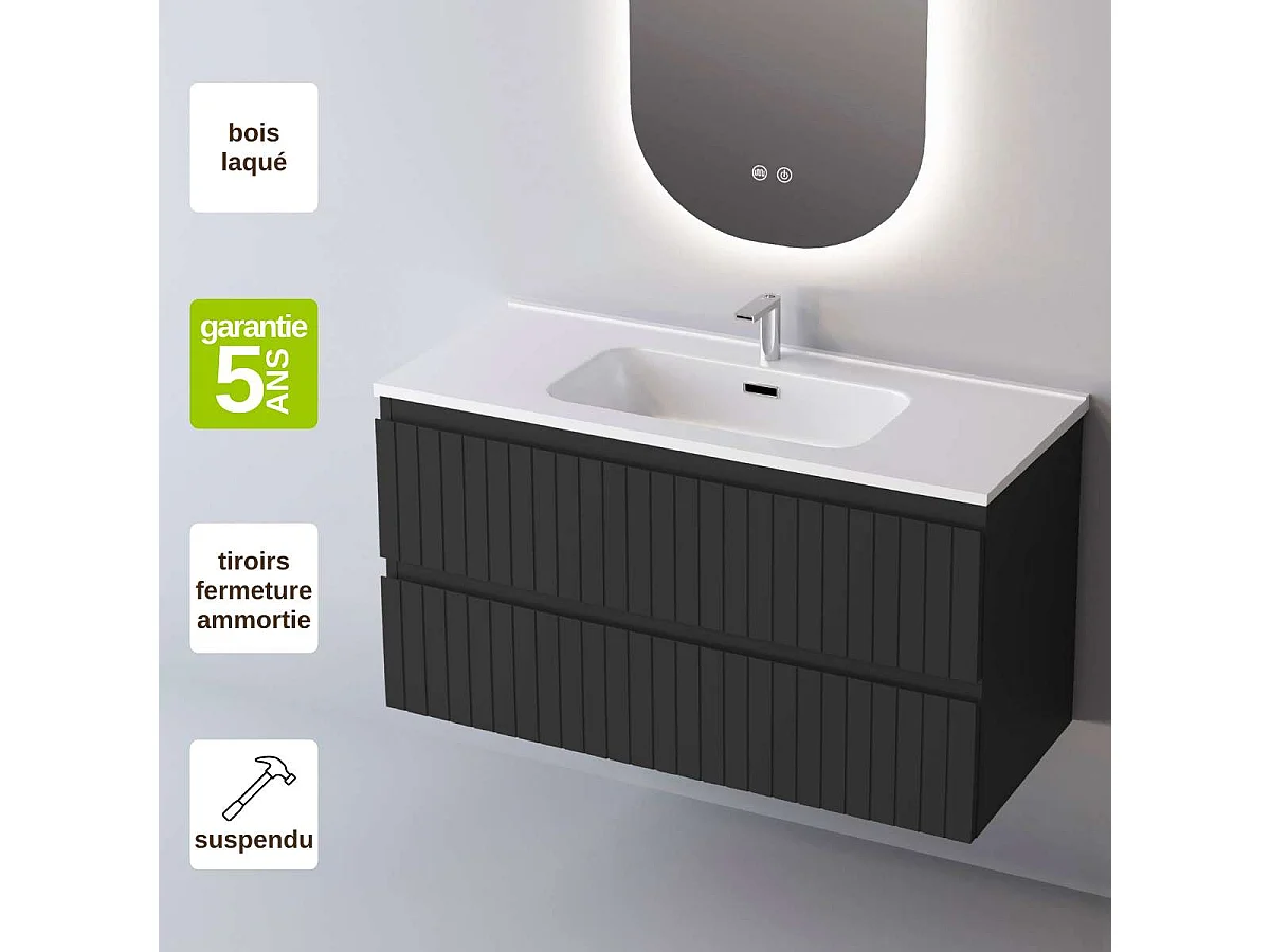 Meuble Salle de Bain GLOW 80cm, Plan Vasque Céramique, 2 Tiroirs, Laqué Noir Mat, H 54cm x P 45cm