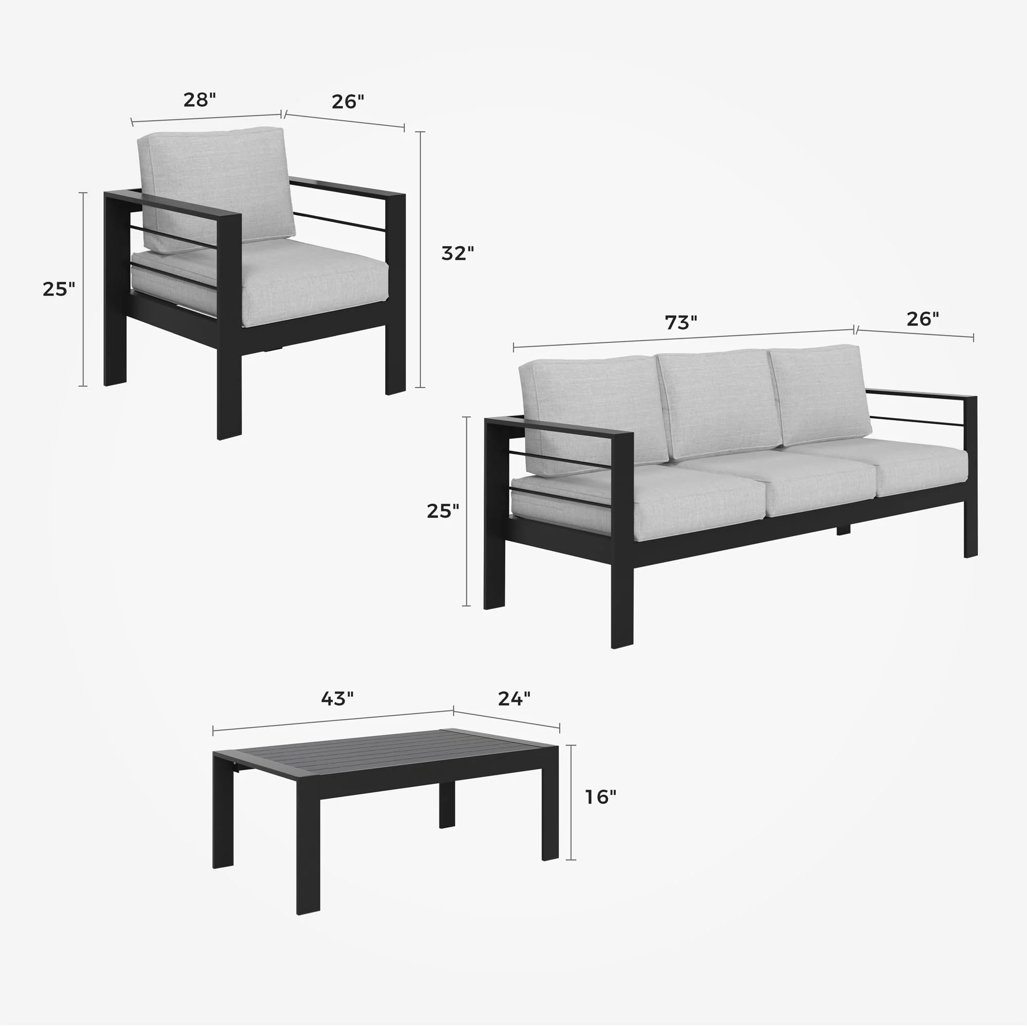 CozyHom 5 Pcs Outdoor Patio Aluminum Furniture Sofa Sets, Outside Patio Conversation Couch Sets With Table&Cushions for Garden Porch, Gray - Image 6