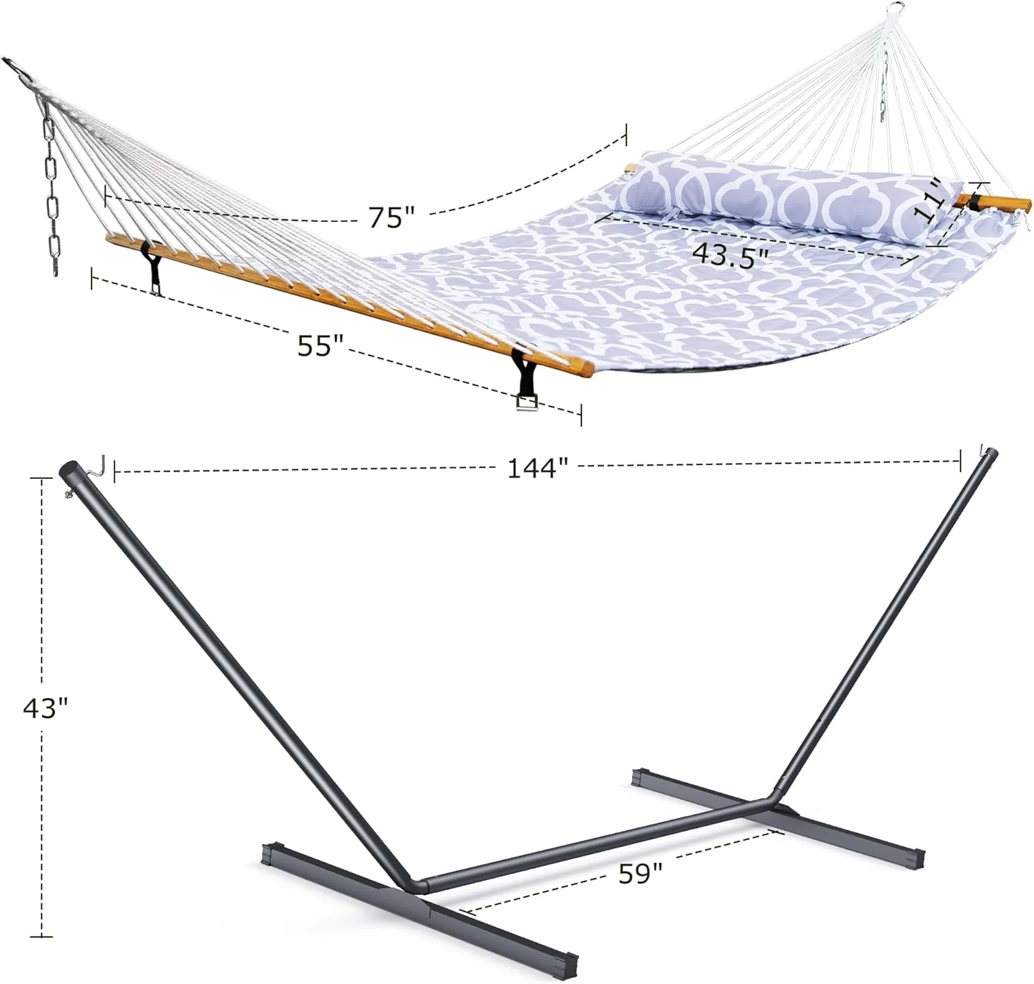 Double Outdoor Hammock With Adjustable Steel Stand, 500 LBS Capacity, Carrying Bag, White Grey - Image 6 Double Outdoor Hammock With Adjustable Steel Stand, 500 LBS Capacity, Carrying Bag, White Grey - Image 6