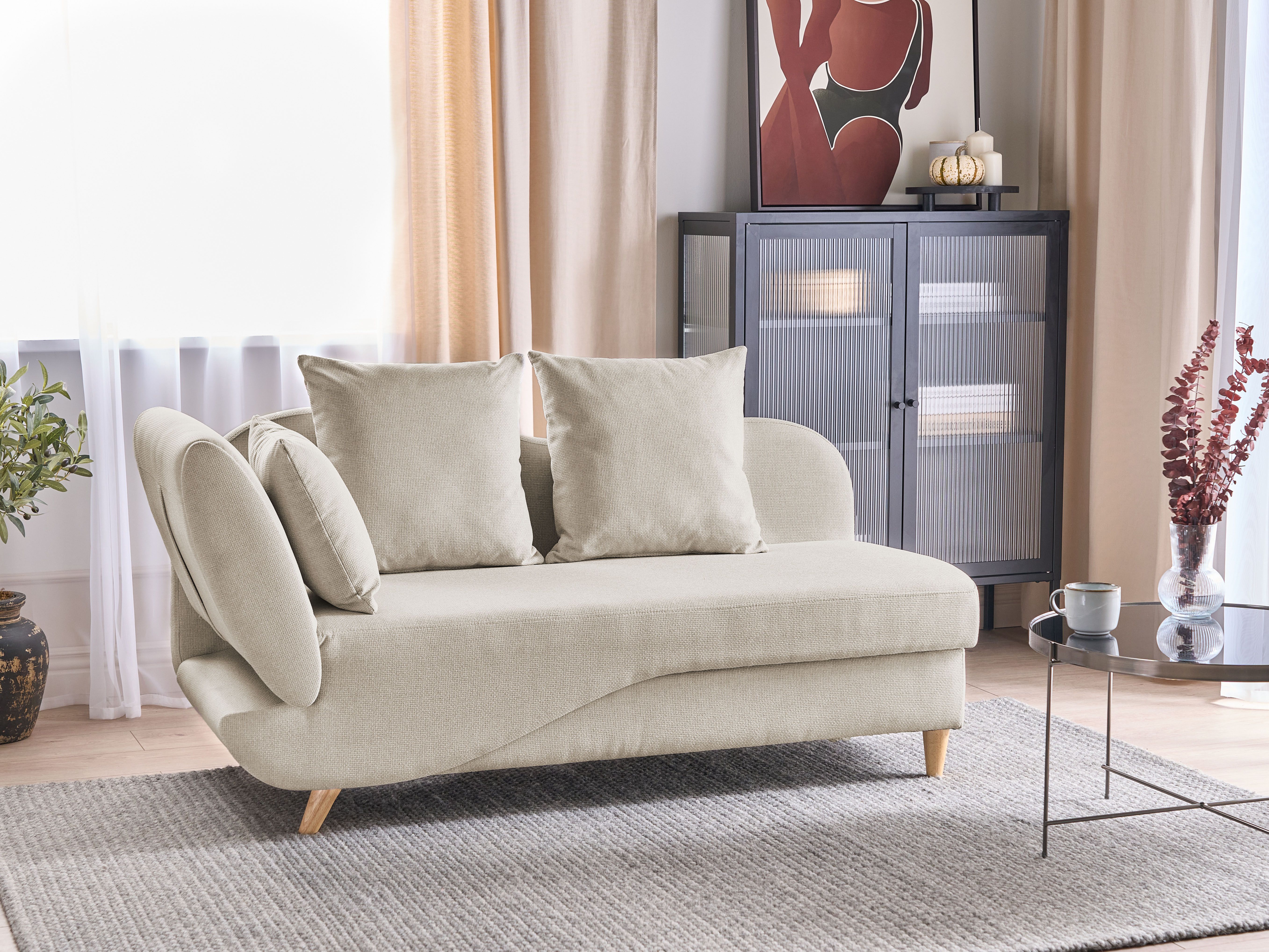 Left-Hand Chaise Lounge MERI Faux Linen Beige with Storage