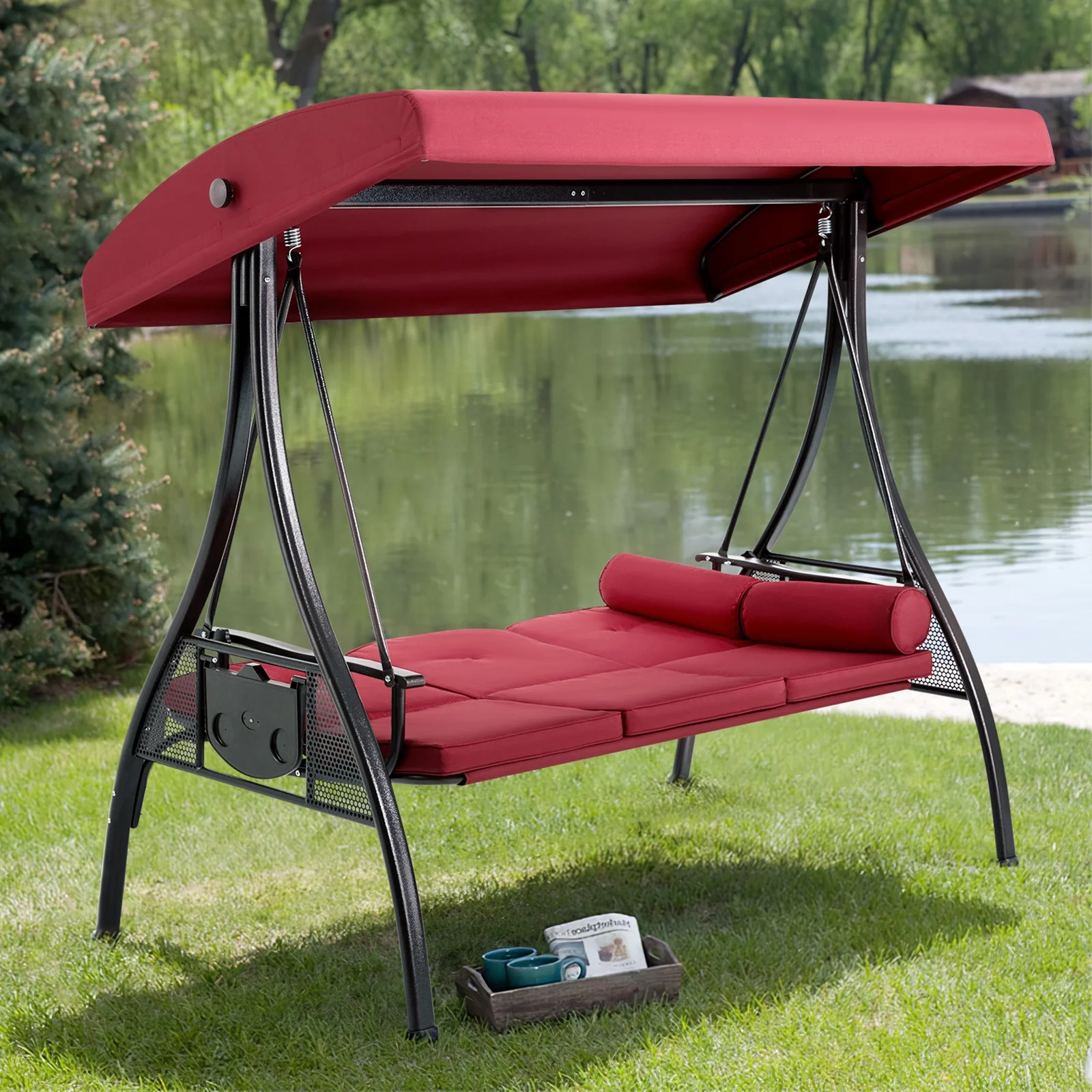 Homrest 3 Person Patio Outdoor Porch Swing with Adjustable Canopy, Backrest, Swing Bed with Stand for Garden,Deck - Image 8