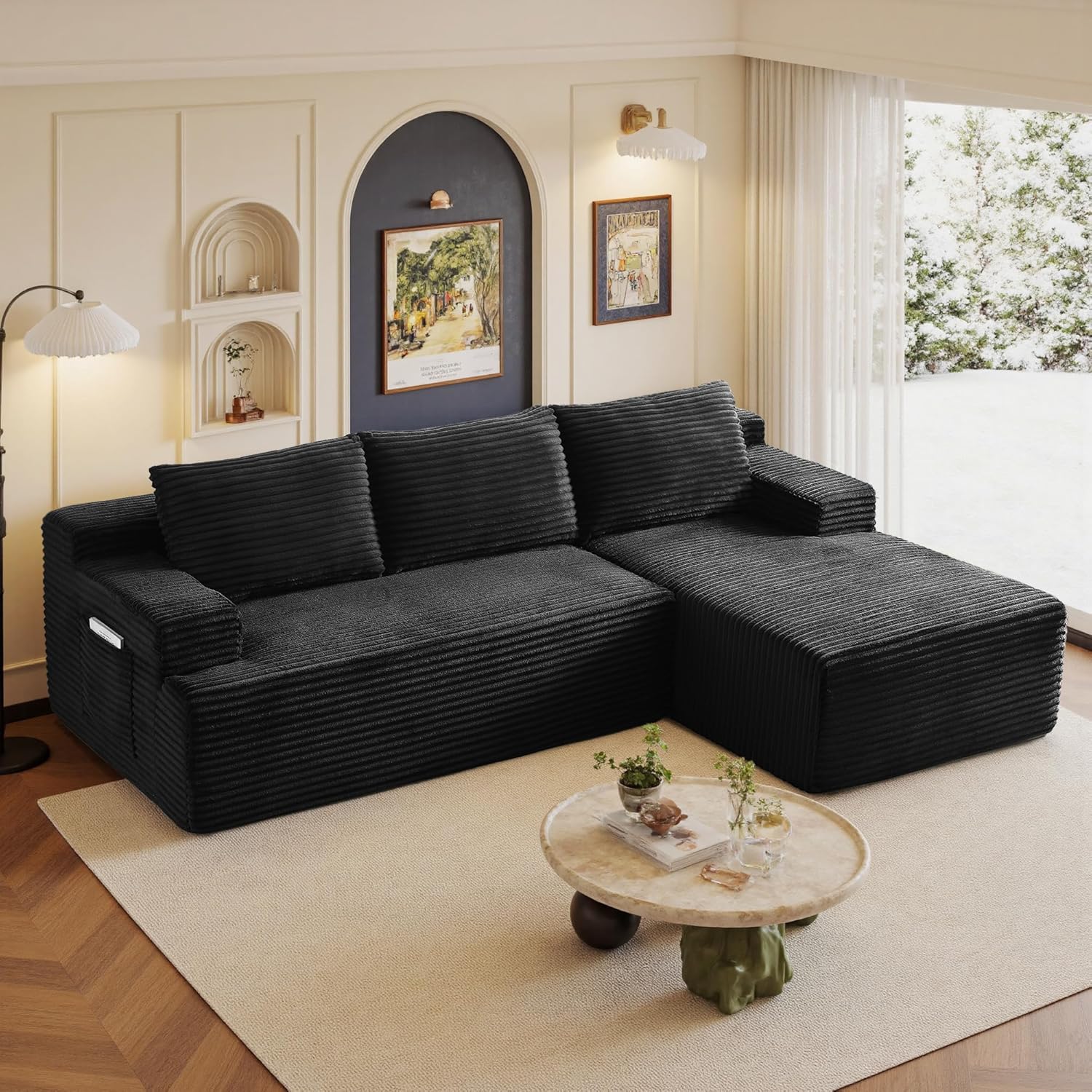 Sectional Couches for Living Room Cloud Couch Sofa with L-Shape Upholstered Boneless Couchs Modern Modular Sectional Couch with Chaise (Black, 96