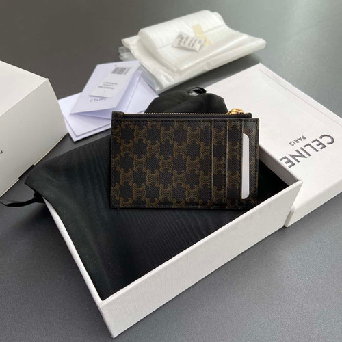 CELINE TRIOMPHE logo printed sheepskin zipper card bag