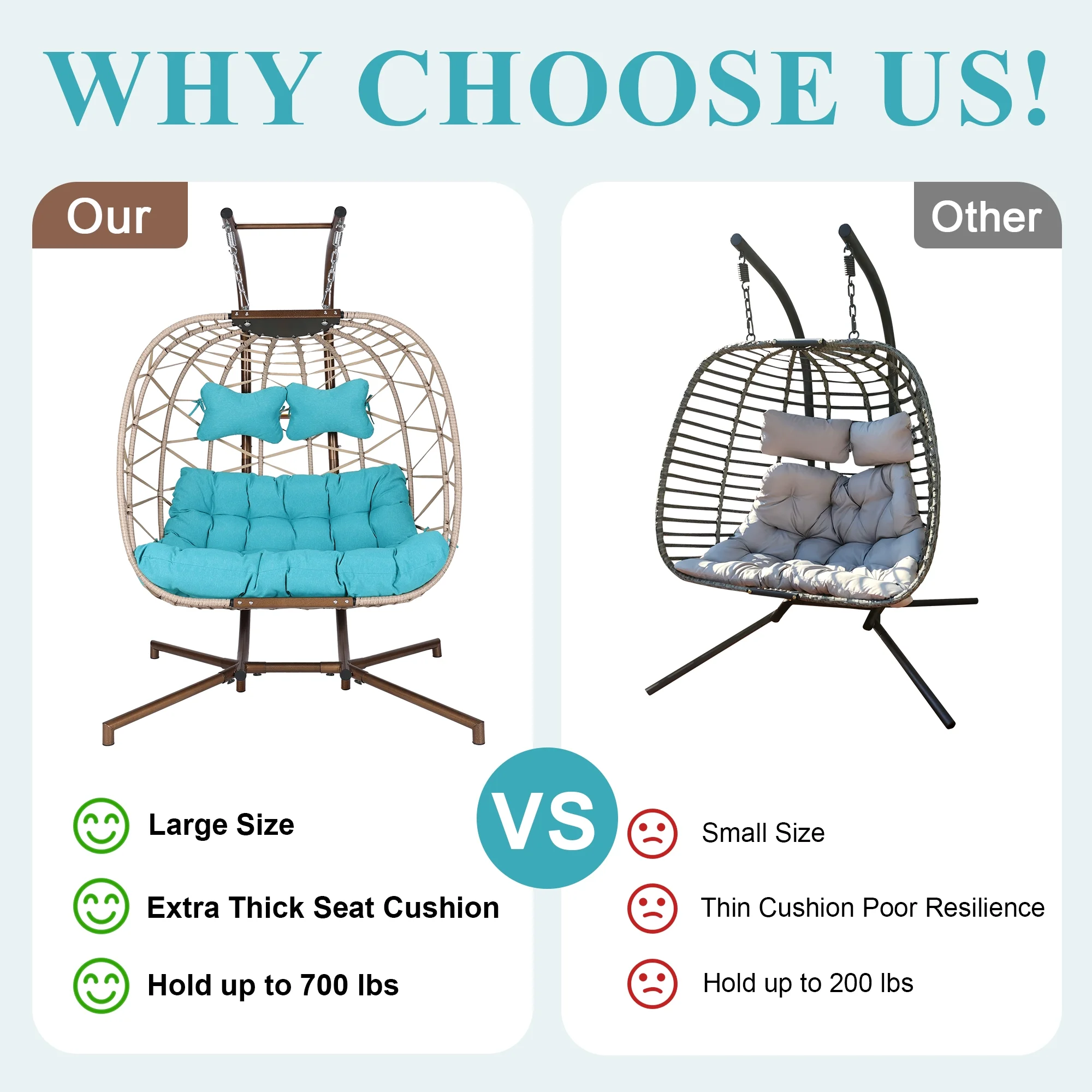 RADIATA Double Wicker Egg Swing Chair with Stand, 2-Person Hanging Egg Chair for Indoor/Outdoor, 700lbs Capacity, Thick Cushions & Headrest,Sturdy Metal Frame��Dark Gray - Image 25