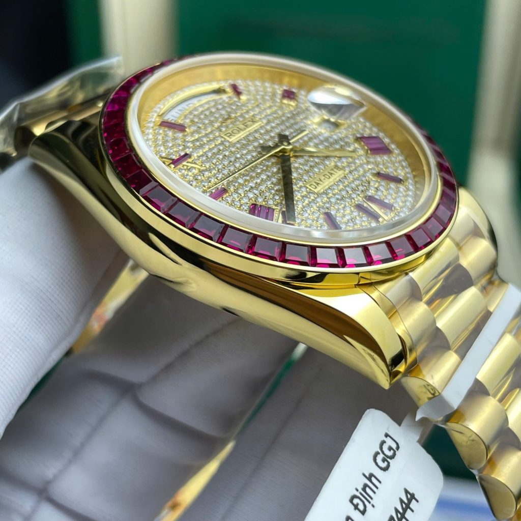 Rolex Day-Date Replica Watch Ruby Red + Moissanite Diamonds Gold Wrapped GM Factory 40mm - Top club