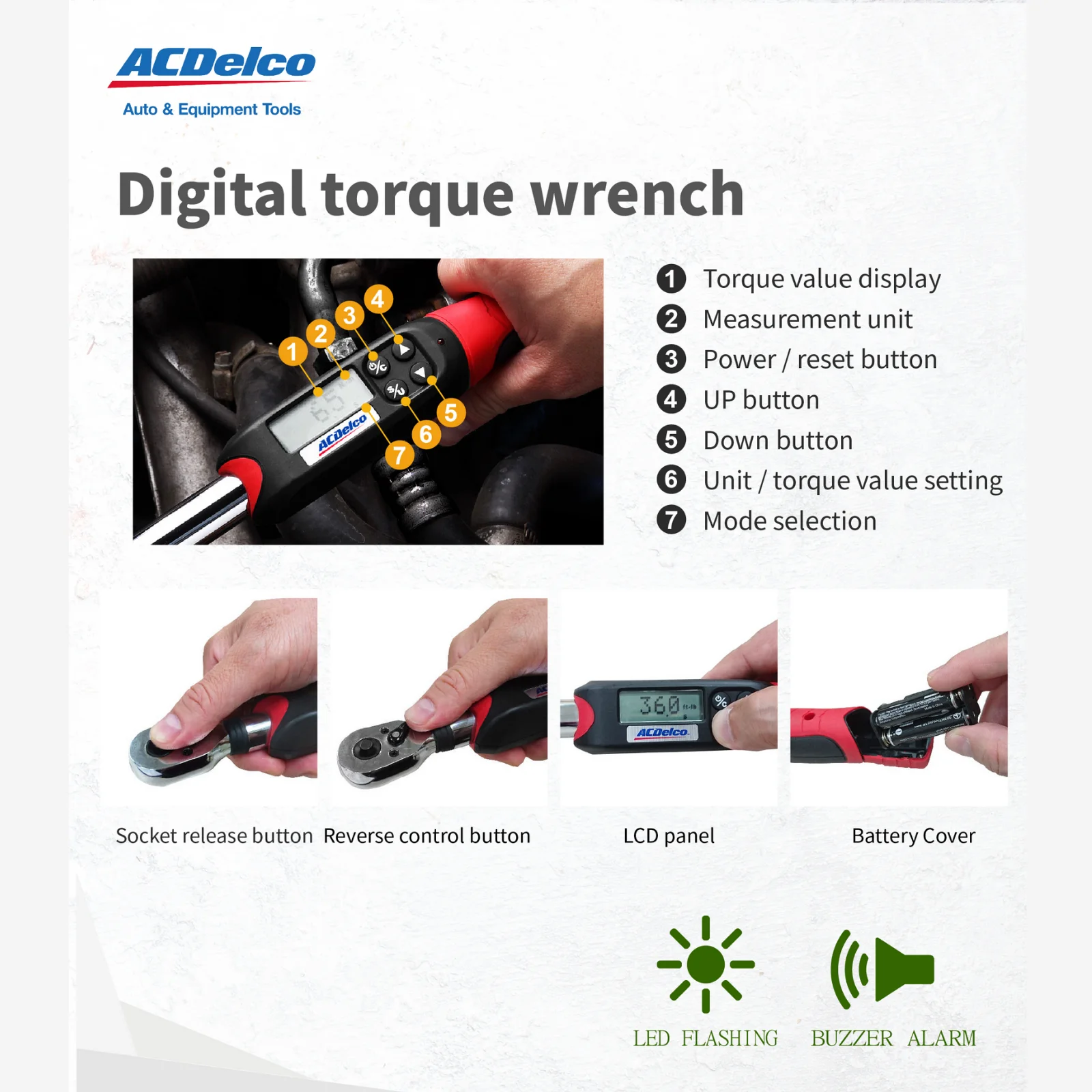 ACDelco ARM601-4 1/2" (14.8 to 147.5 ft-lbs.) Heavy Duty Digital Torque Wrench with Buzzer and LED Flash Notification-ISO 6789 Standards with Certificate of Calibration - Image 3