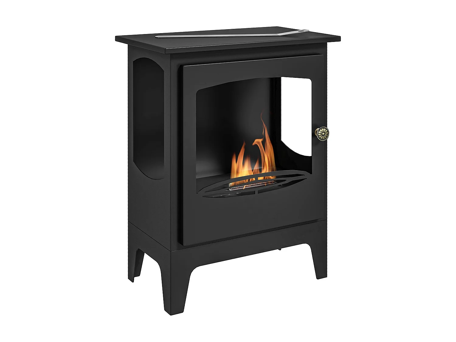 Cheminée bioéthanol sur pied style néo-rétro poêle - brûleur 1,2 L - contrôle de flamme et manche inclus - acier noir