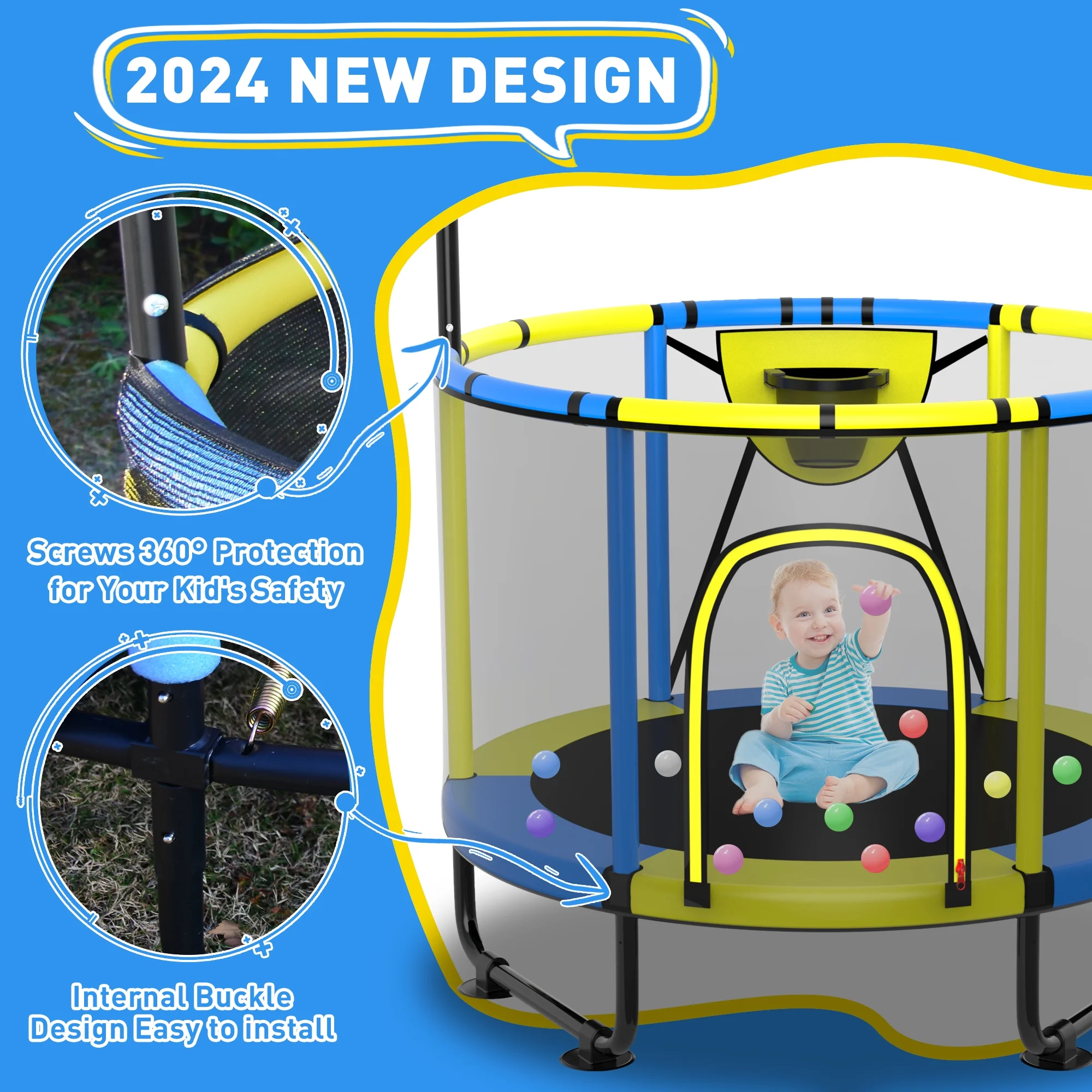 CITYLE Trampoline for Kids 600LBS 60'' 5FT Toddler Trampoline Indoor Outdoor with Basketball Hoop, Swing, Adjustable Bar, Mini Small Trampoline with Enclosure, Gifts for Toddlers, Boys & Girls - Image 37