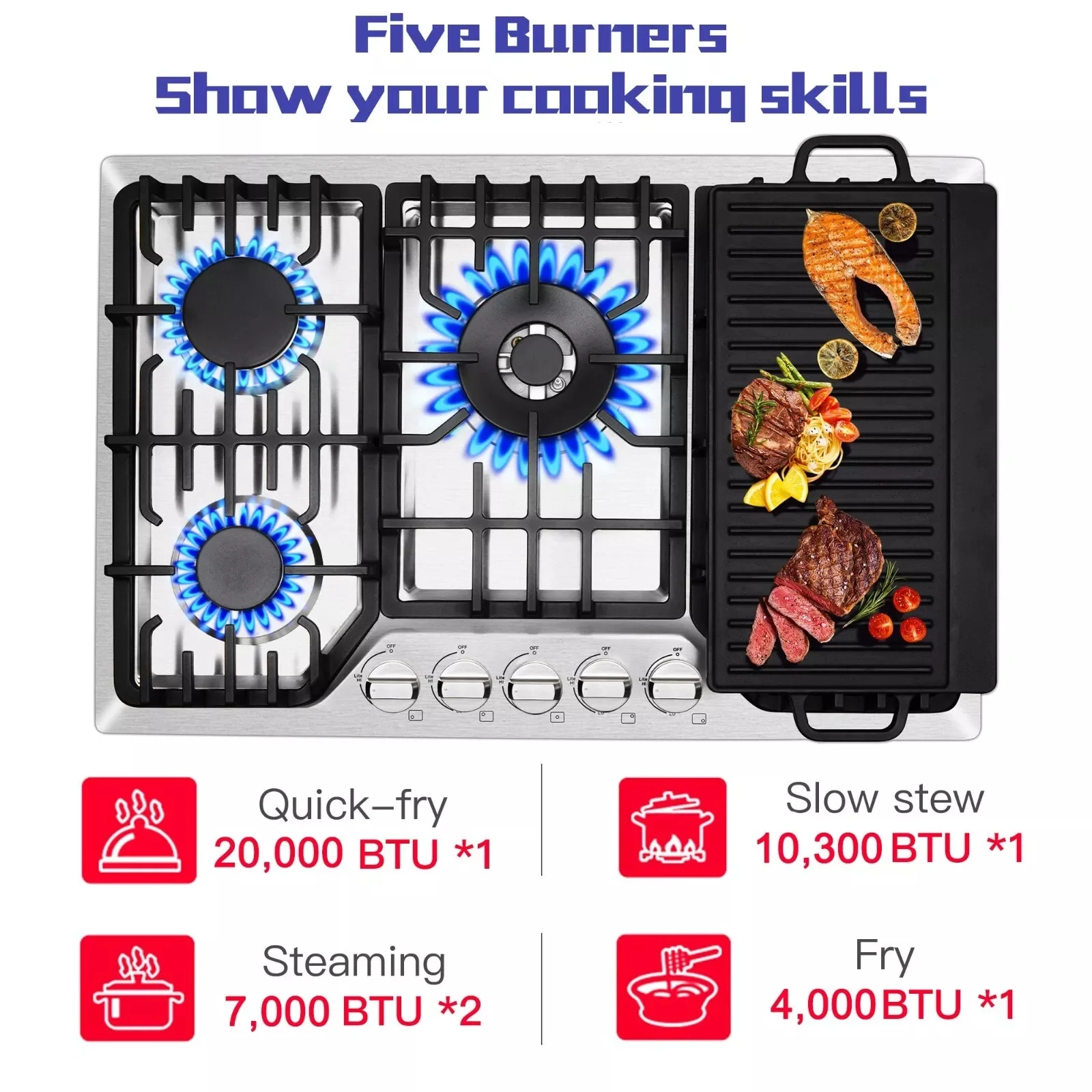 Amzgachfktch 5 Burners Stove 30 inch Gas Cooktop NG/LPG Stainless Steel Built-in with Grill