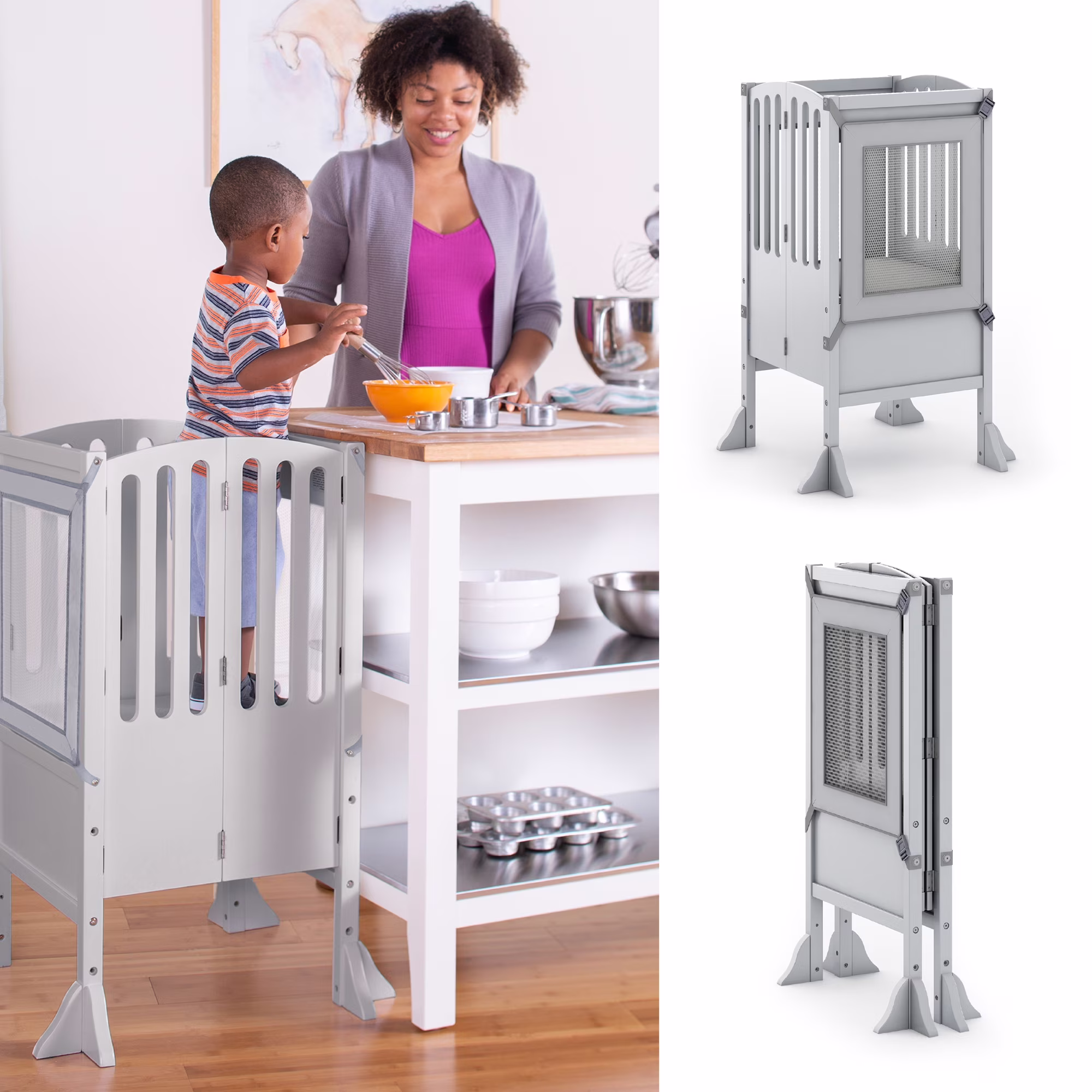 Guidecraft Contemporary Kitchen Helper Step Stool - White: Adjustable, Folding Montessori Toddler Tower - Safety Learning Furniture - Image 7