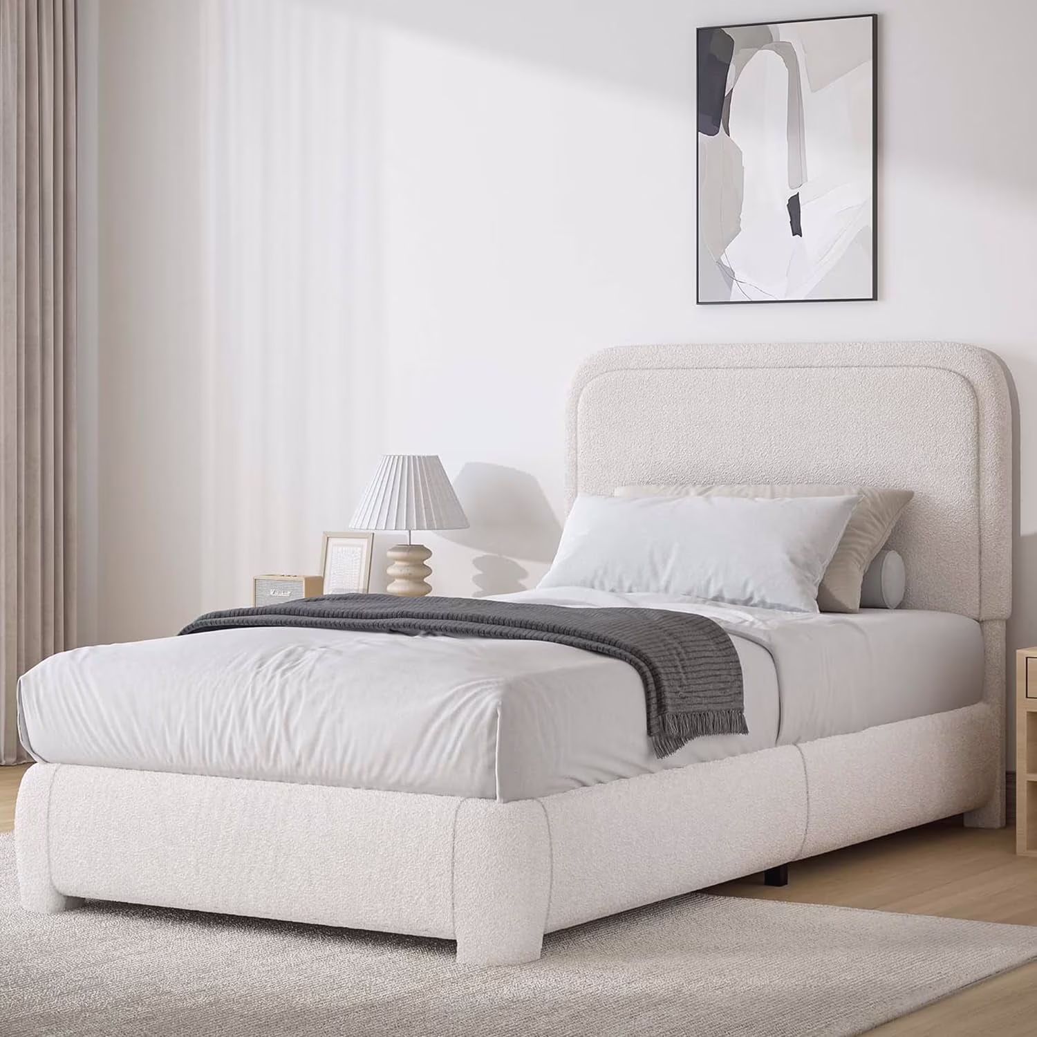 4 EVER WINNER Twin Size Bed Frame, Modern Bed Frame with Headboard, Boucle Fabric Upholstered Bed Frame, Soft Curved Headboard, Cream