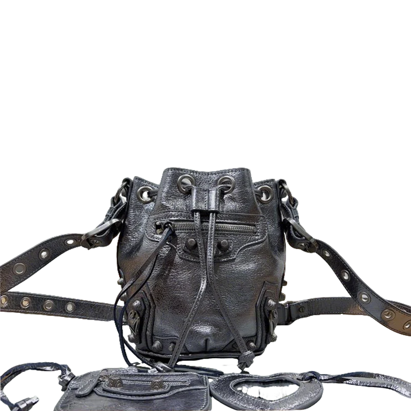 Metallic Black Balenciaga Bucket Bag with Adjustable Straps and Matching Pouch for Stylish Functionality Style No.3032 - Replicaclubs
