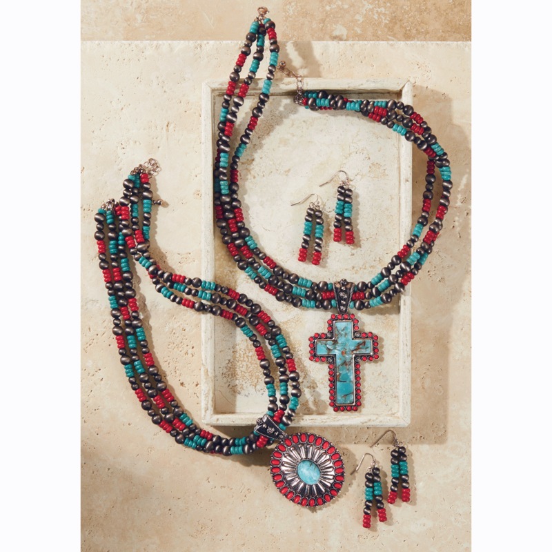 Southwest Faux-Turquoise Pendant Necklace & Earring Set - MIDNIGHT VELVET CATALOG