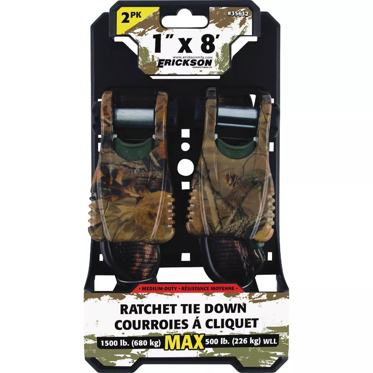 Erickson 1 x 8 Ft. 1500 Lb. Ratchet Tie Down with Cap Locks Camo (2-Pack)
