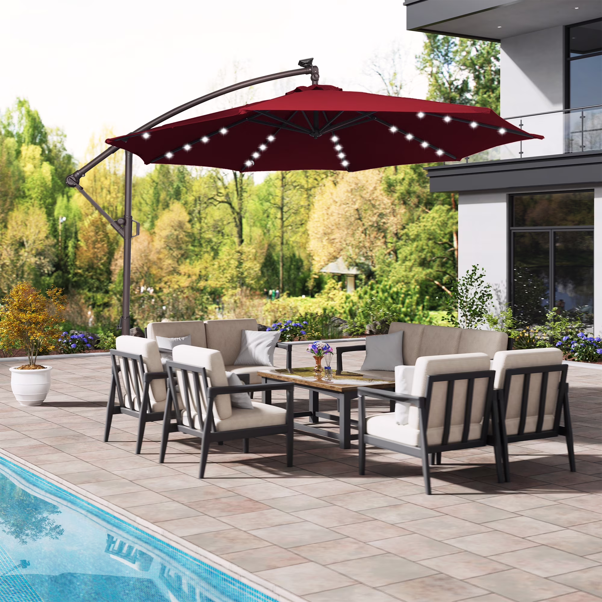 Mondawe 10ft Solar Lights Offset Cantilever Patio Umbrella - with Light, LED Lighted Offset Hanging Patio Outdoor Market Umbrella UPF50+ UV Protection with Crank,Navy Blue - Image 3