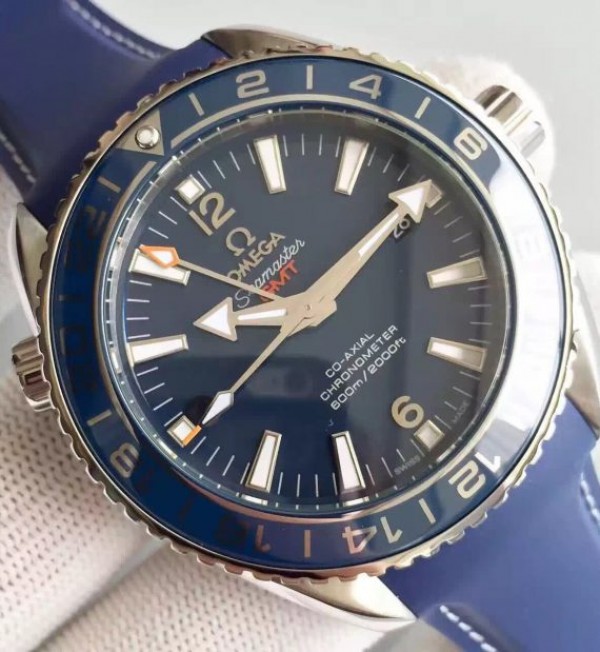 Replica Omega Planet Ocean SS GMT Blue Dial Silver Markers Blue Rubber Strap A8605 - Top club