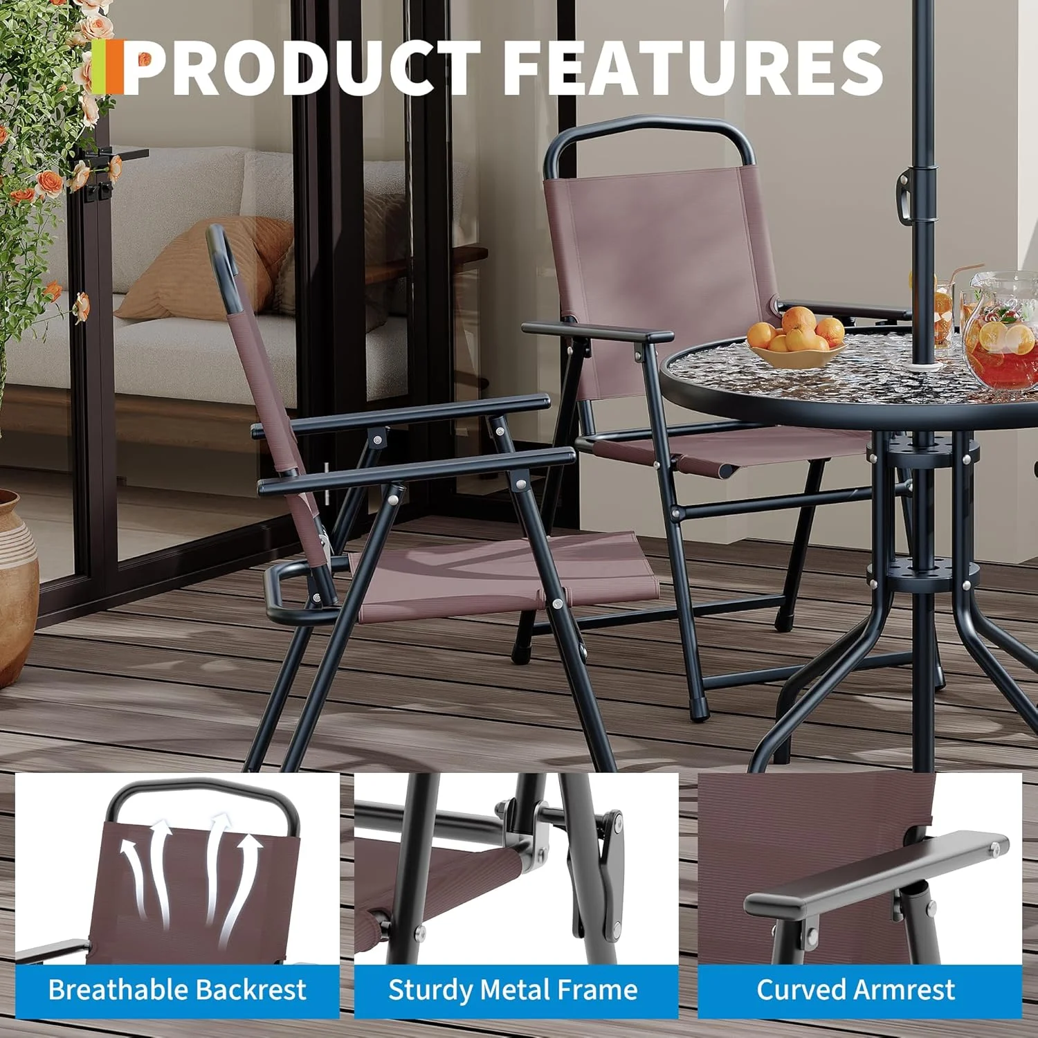 6 Pieces Outdoor Dining Set With Umbrella, Patio Table and 4 Folding Chairs With Umbrella, Garden Patio Furniture Set With Umbrellas, Tempered Glass Top Dining Table - Image 23