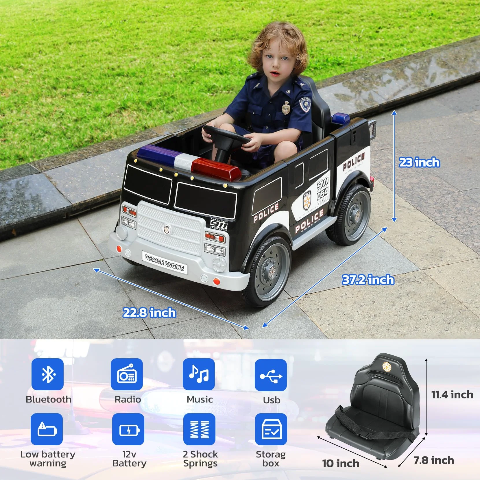 Bobiber Ride on Fire Truck, 12V Battery Powered Ride-On Toy Vehicle with Remote Control, Megaphone, Flashing Lights, Siren and Fire Extinguisher - For Boys and Girls Ages 3-6 - Image 10