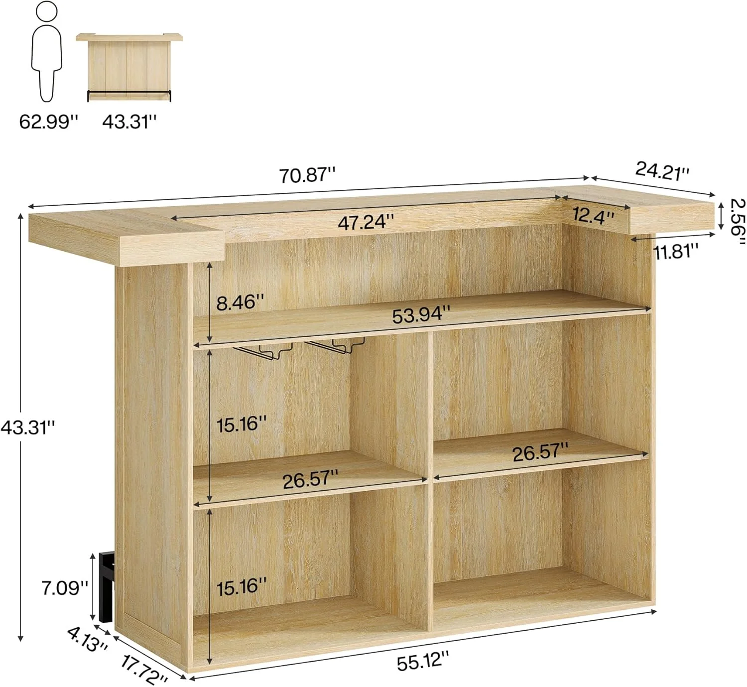 4-Tier Bar Table, 70.9-Inch Large Modern Home Bar Cabinet with Wine Glass Holder and Black Footrest