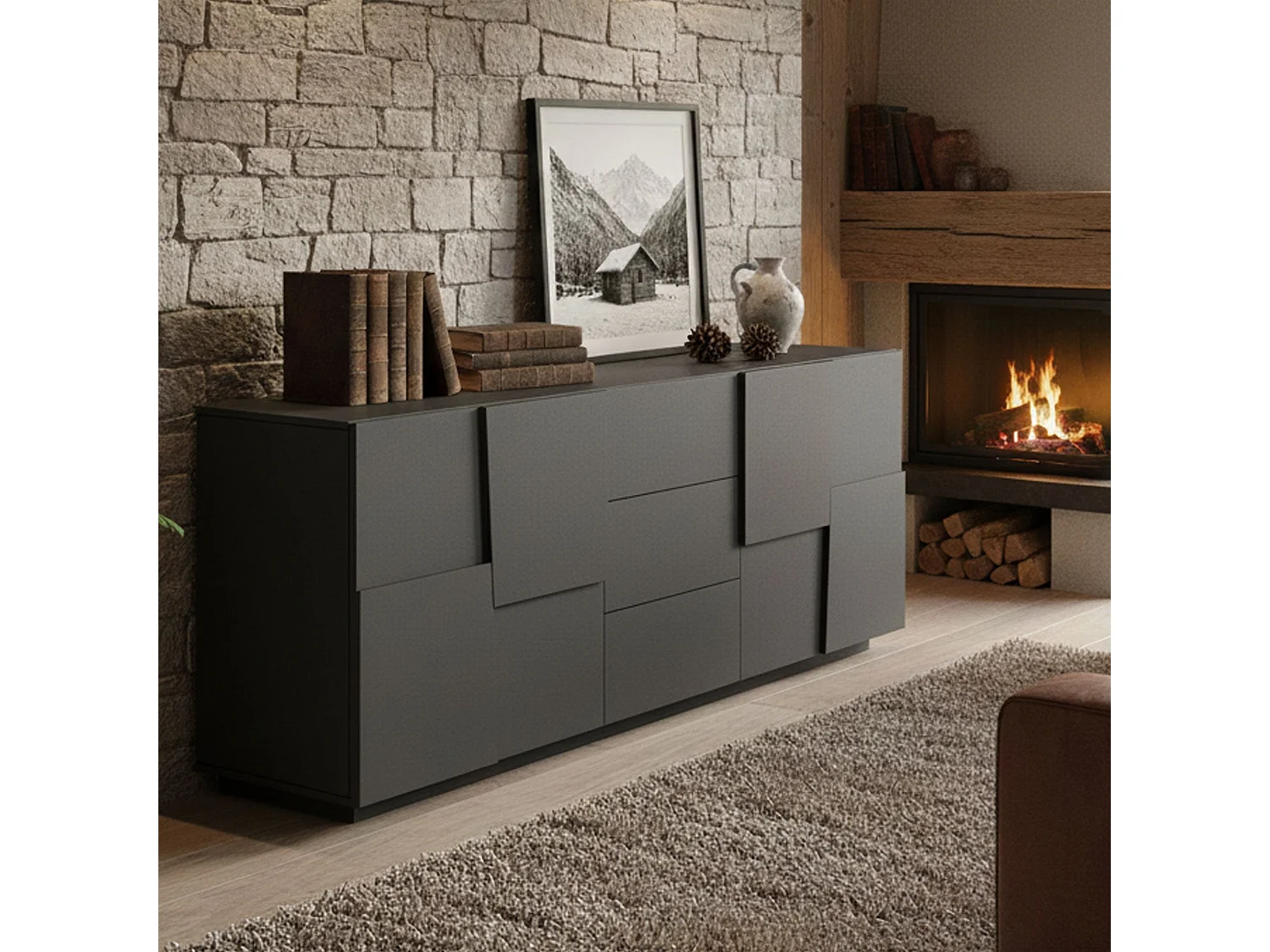 Buffet Yoel, Buffet de salon, Buffet de salon avec 4 portes et 3 tiroirs, 220x44h86 cm, Anthracite