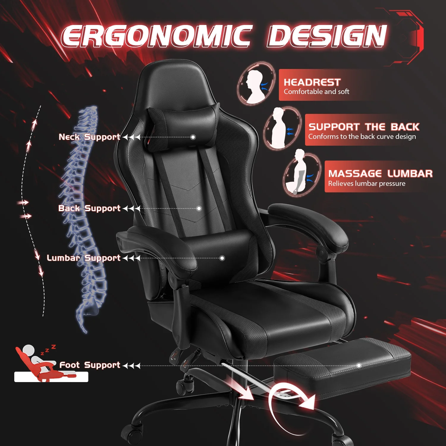 Lacoo PU Leather Gaming Chair Massage Ergonomic Gamer Chair Height Adjustable Computer Chair with Footrest & Lumbar Support, White - Image 60