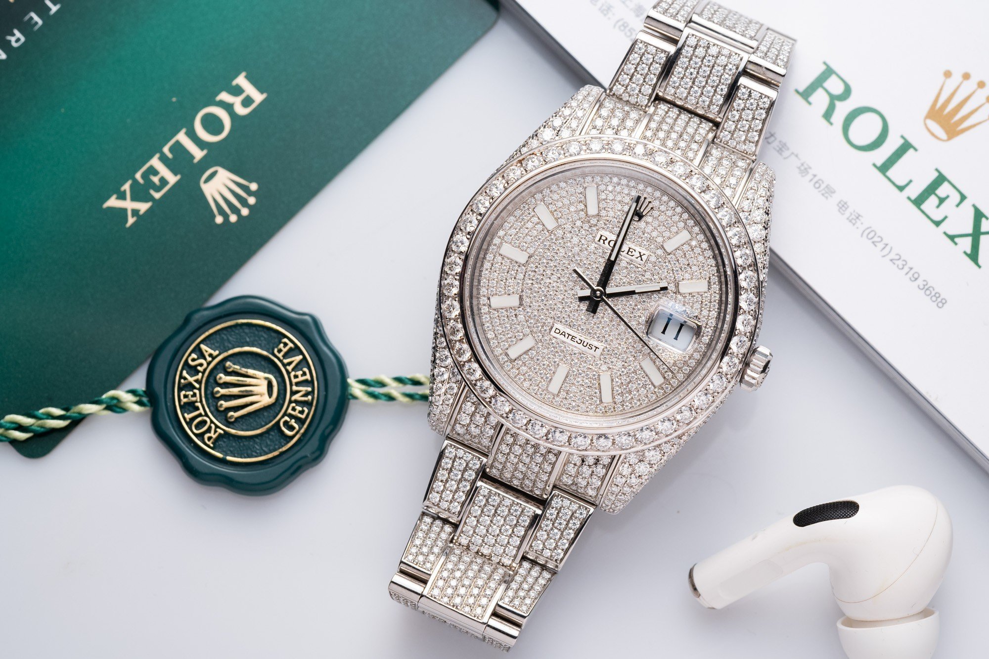 Rolex DateJust Rep 11 Watch Full Diamond Moissanite White 41mm - Elite Watch Atelier