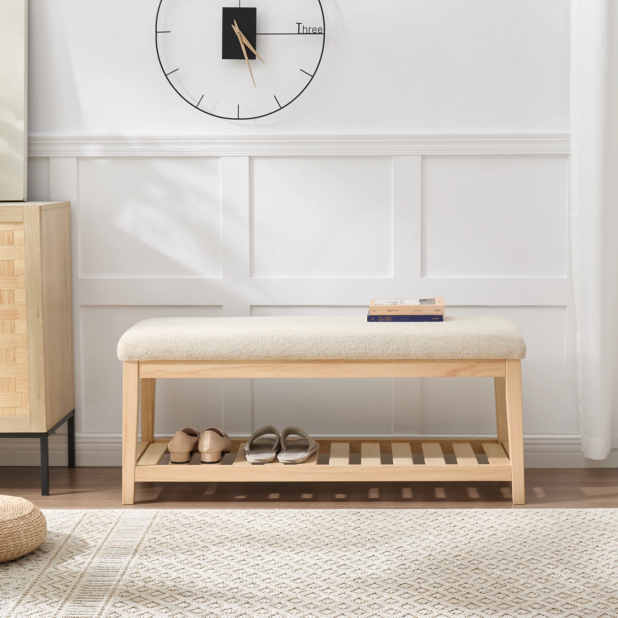 Zesthouse 42.9�?Shoe Bench with Storage, Entryway Bench for Living Room, Bedroom and Hallway, Linen Fabric Upholstered Bench with Solid Wood Shelf, Gray - Image 13
