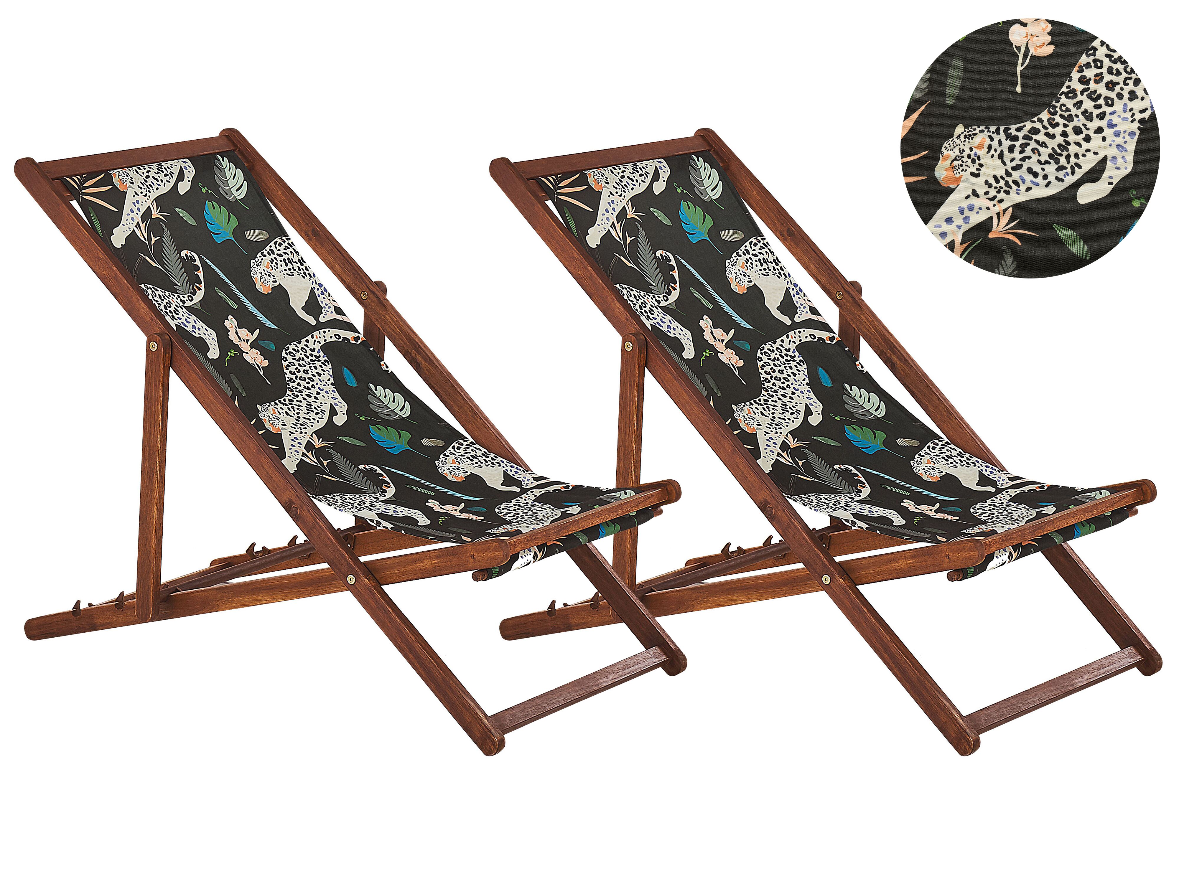Set of 2 Folding Deck Chairs ANZIO with Replacement Fabrics Animal Motif Acacia Wood Dark Brown