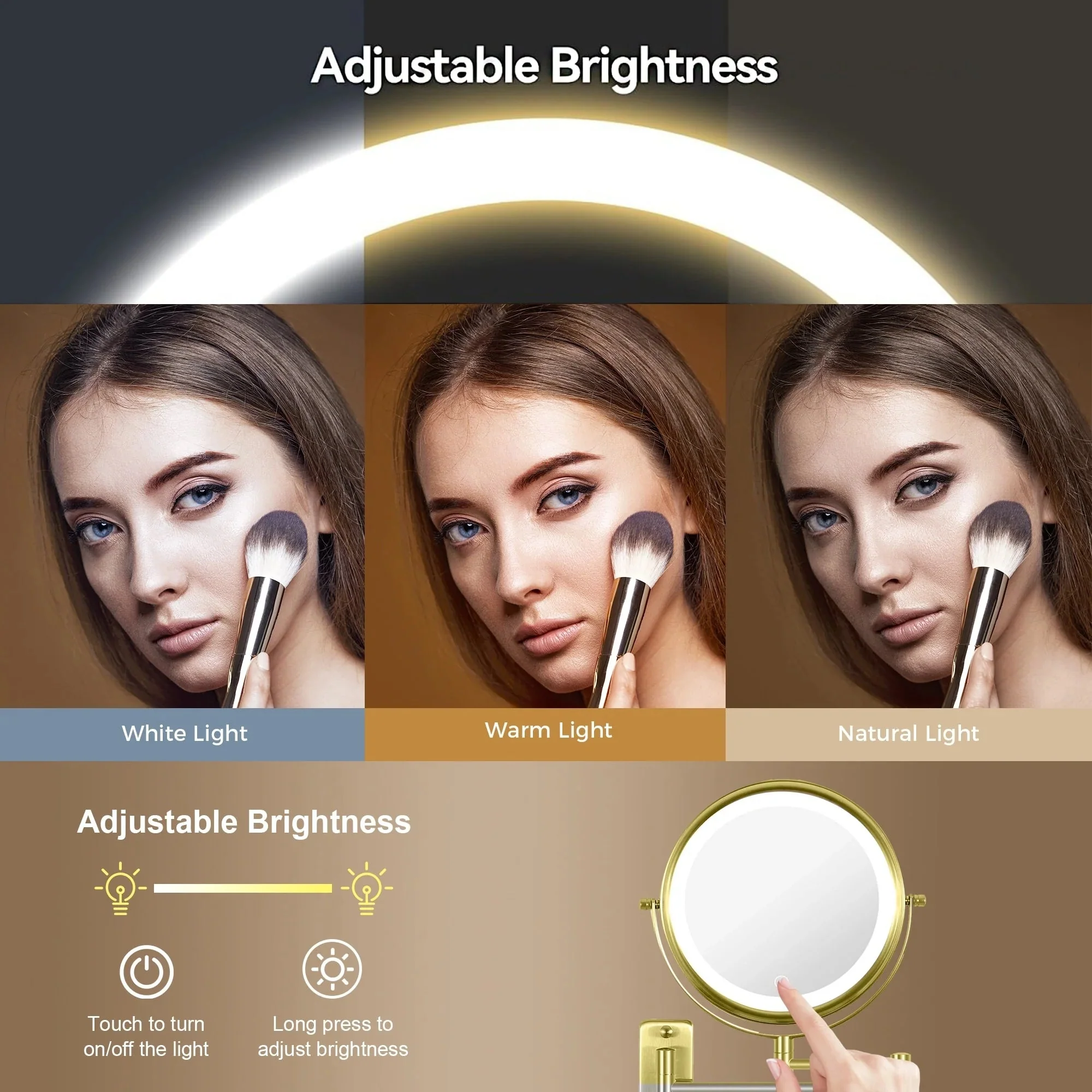 8 Inch Round Wall-Mounted Makeup Mirror, Rechargeable, 1X/10X Magnification, 3-Color LED Lights