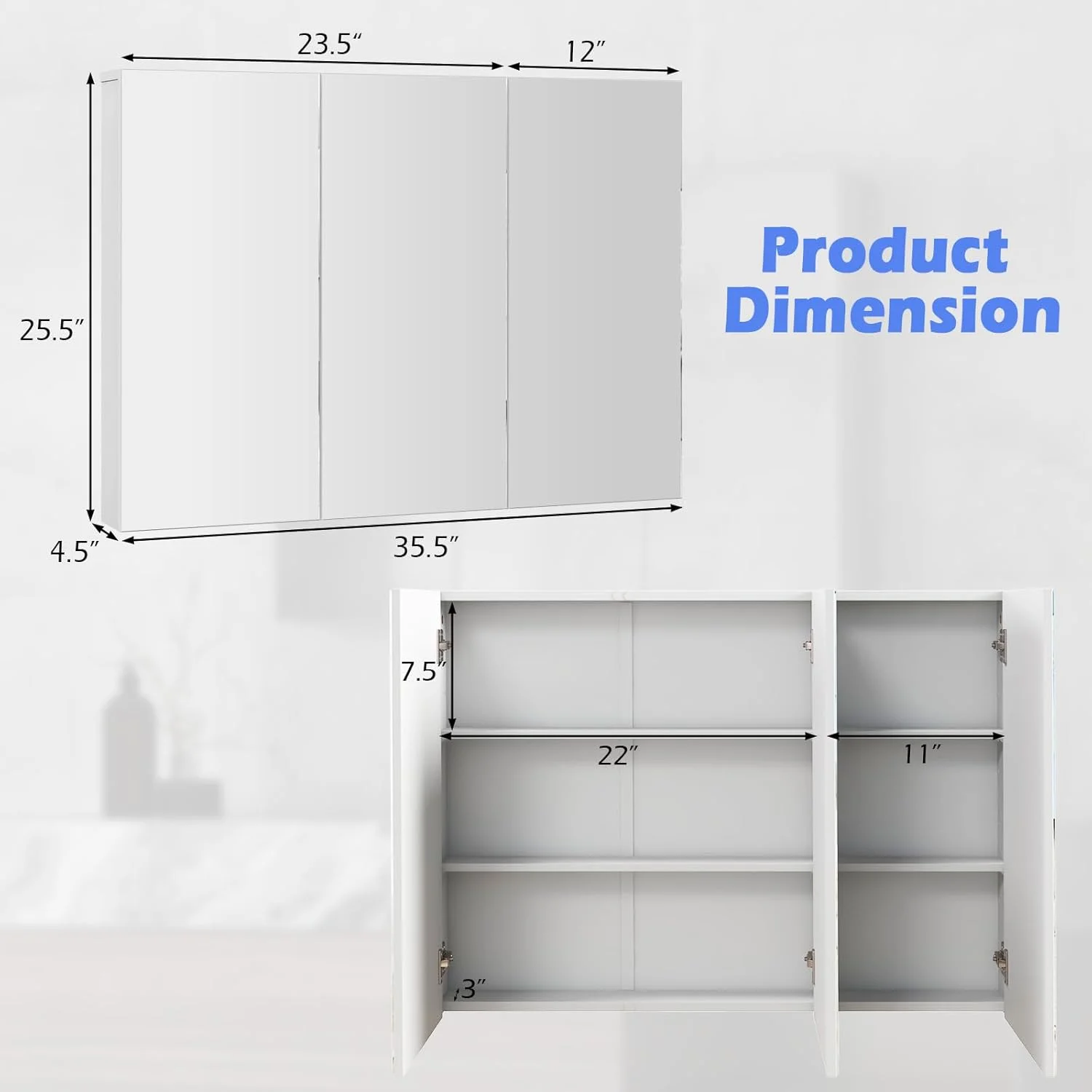 SZWS Mirrored Medicine Cabinet, Large Wide Wall Mounted Storage Cabinet with 3 Mirror Doors & Adjustable Shelf, Hanging Bathroom Organizer, White, 36 x 4.5 x 25.5 Inches
