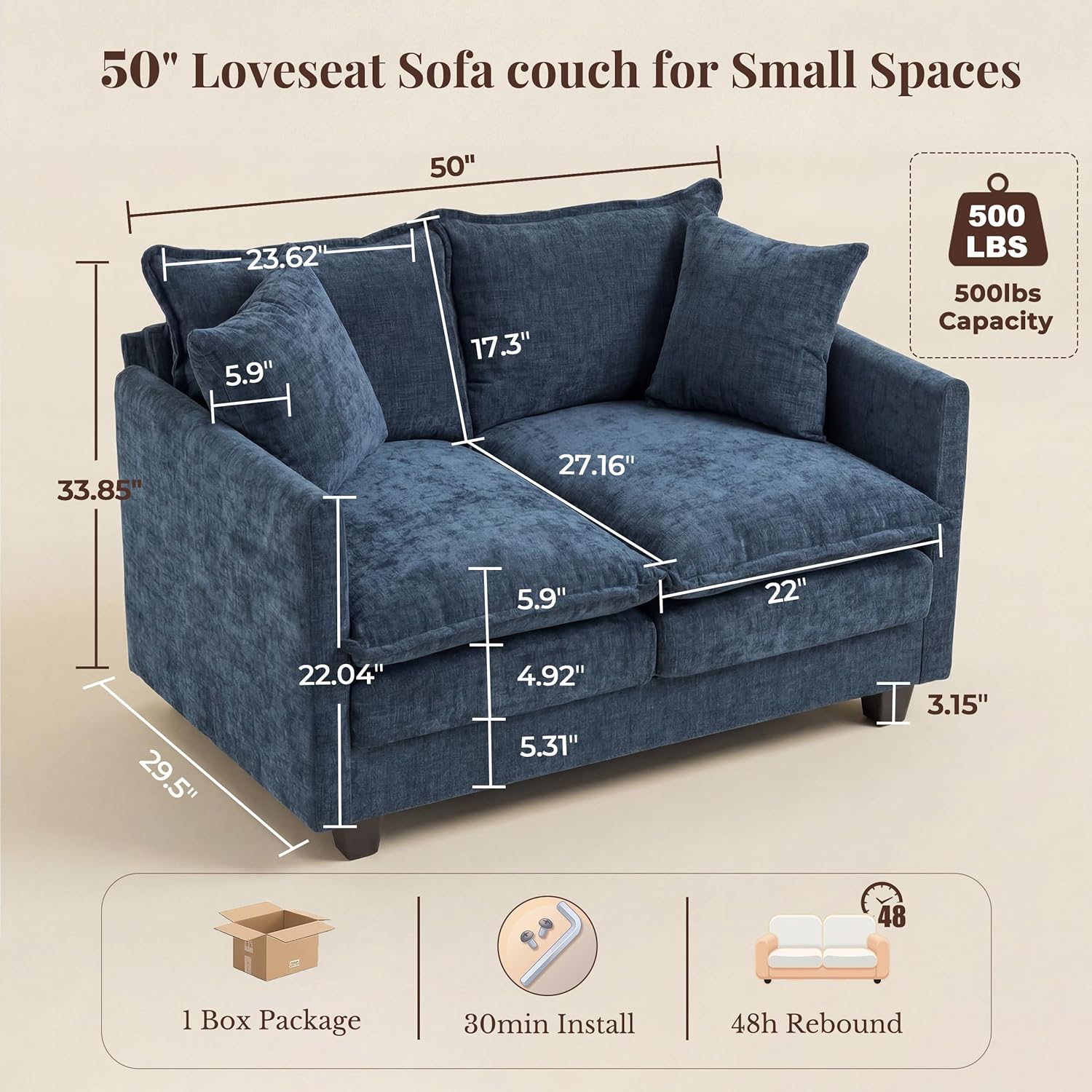 Loveseat Sofa with Cloud 3-Layer Cushion & 27