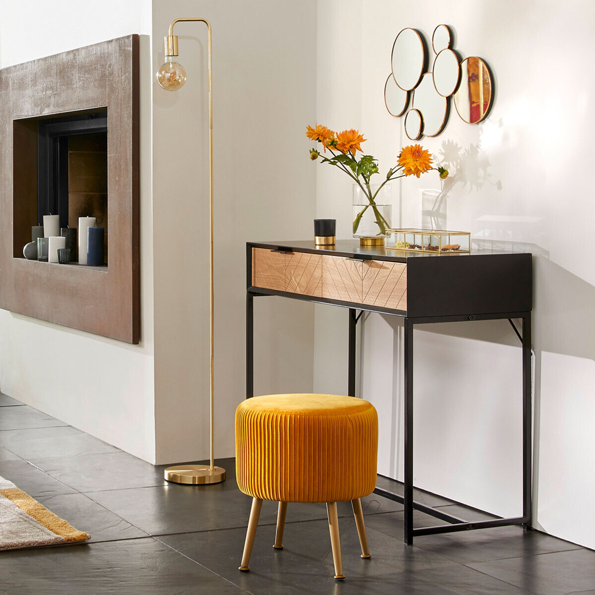 Stool "Solaro" Pleated velvet, Mustard yellow