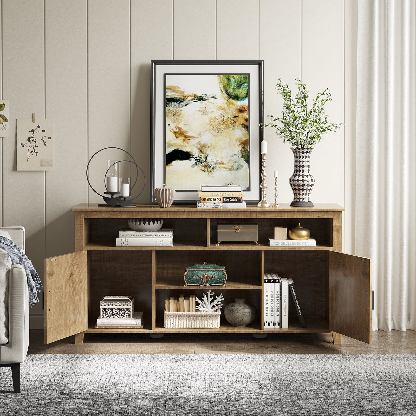 Uforic Farmhouse TV Stand for 65 Inch TV, Barn Door Entertainment Center, Brown