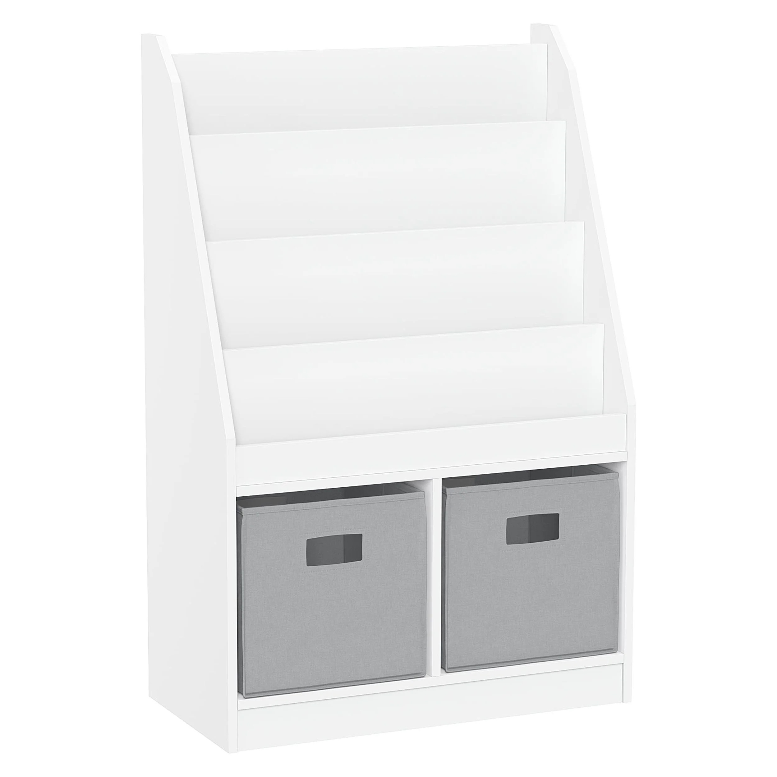RiverRidge Kid Bookshelf Toy Storage Organizer with 4 Bookracks 2 Cubbies and 2 Gray Bins