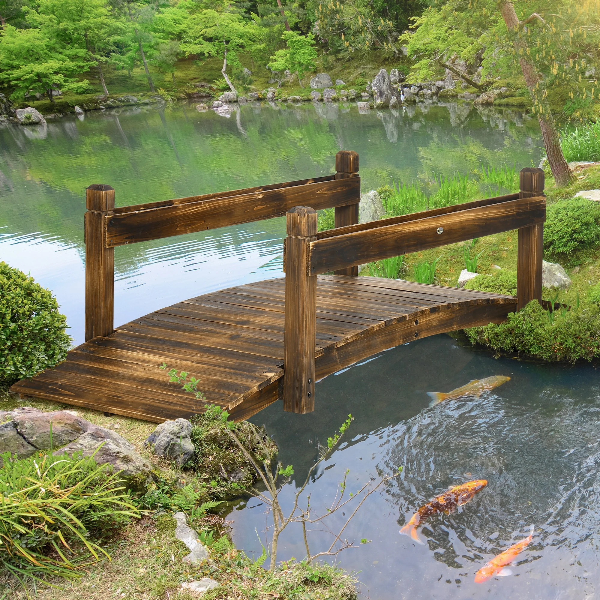 Homiyad 7.5' Wooden Garden Bridge with Planters on Safety Railings, Stained Finish Arc Footbridge for Backyards, Gardens and Streams