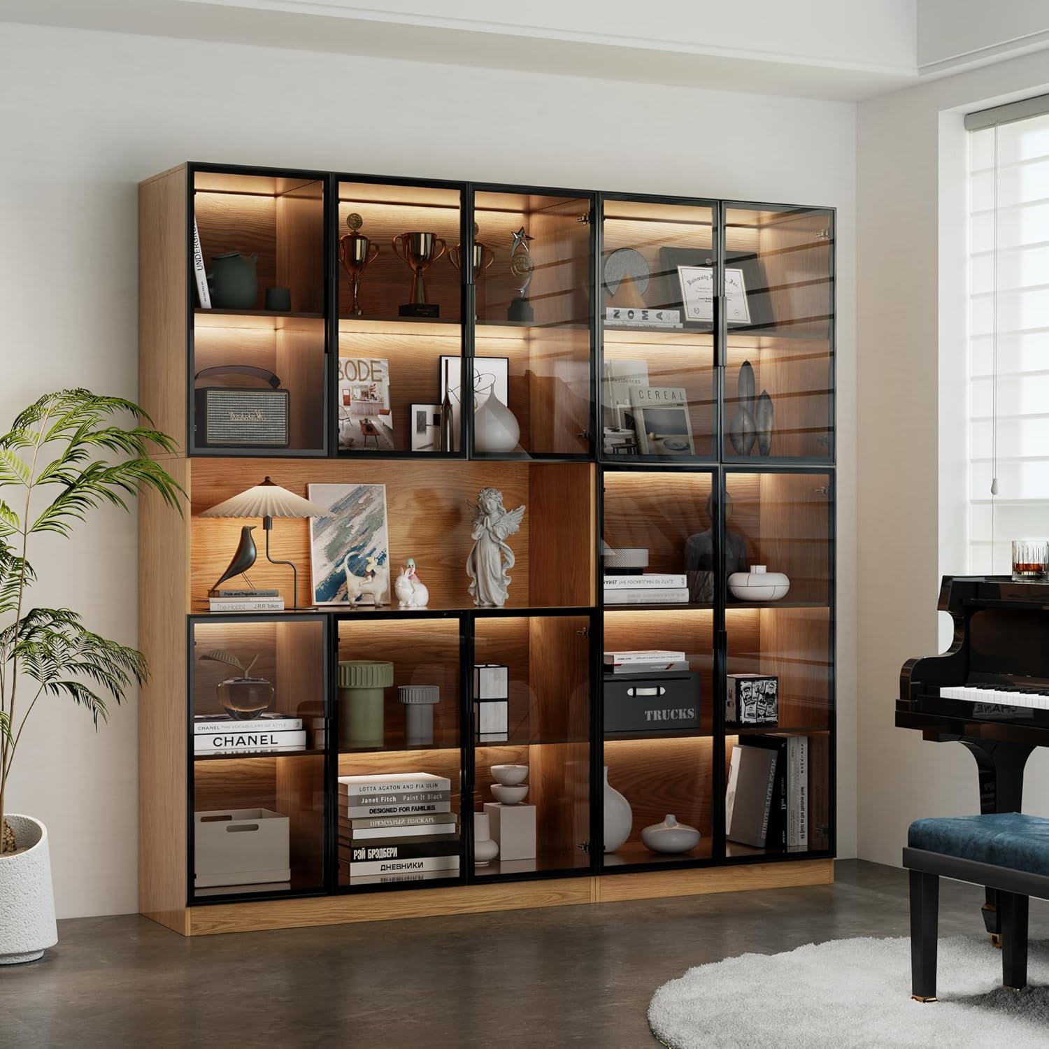 5 Tier Glass Display Cabinet with Adjustable LED Lights, 78.7