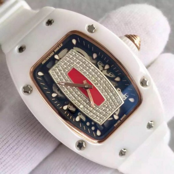 Replica Richard Mille RM 007-01 Lady SS Diamonds Red Dial RG White Rubber Strap 6T51 - Top club