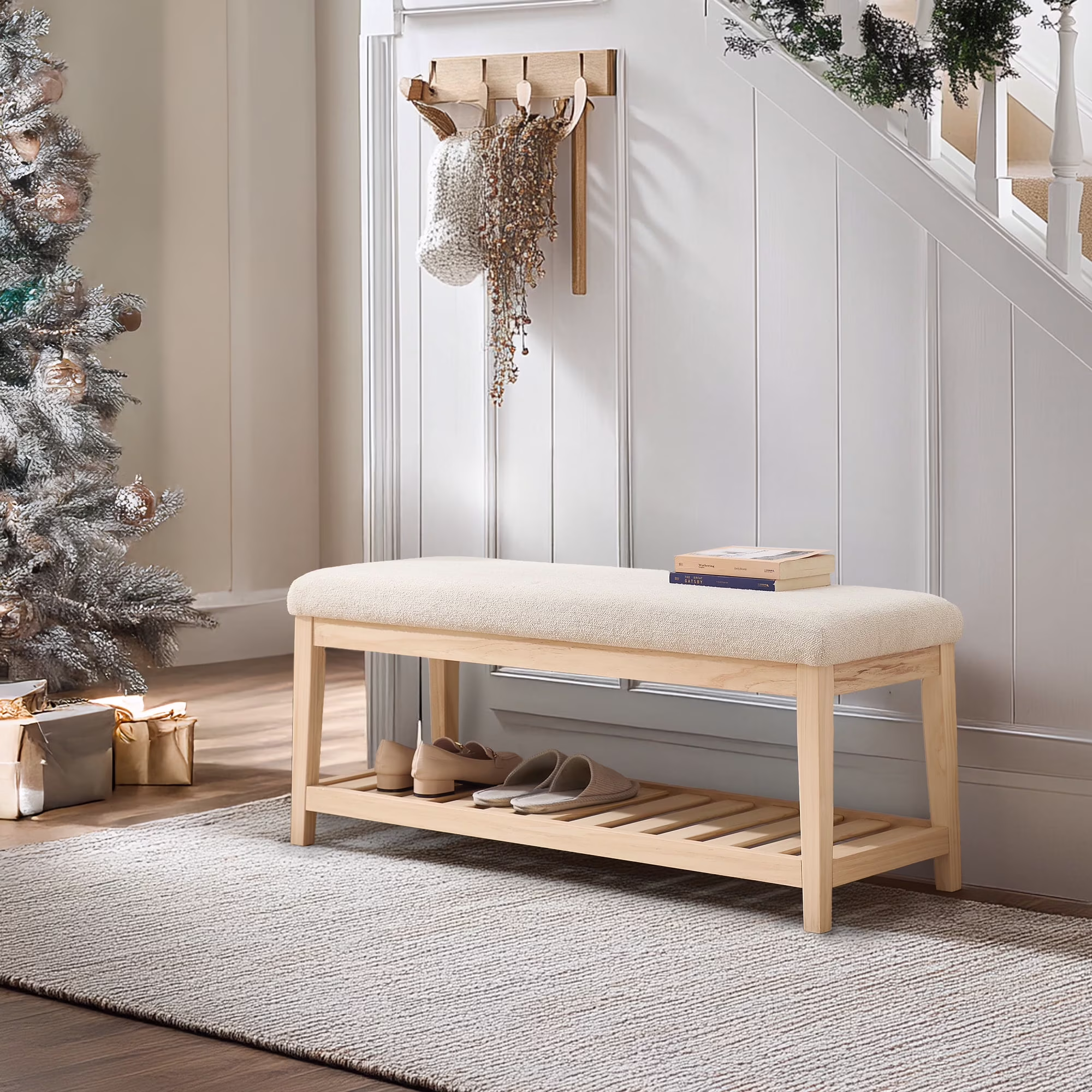 Zesthouse 42.9�?Shoe Bench with Storage, Entryway Bench for Living Room, Bedroom and Hallway, Linen Fabric Upholstered Bench with Solid Wood Shelf, Gray - Image 3