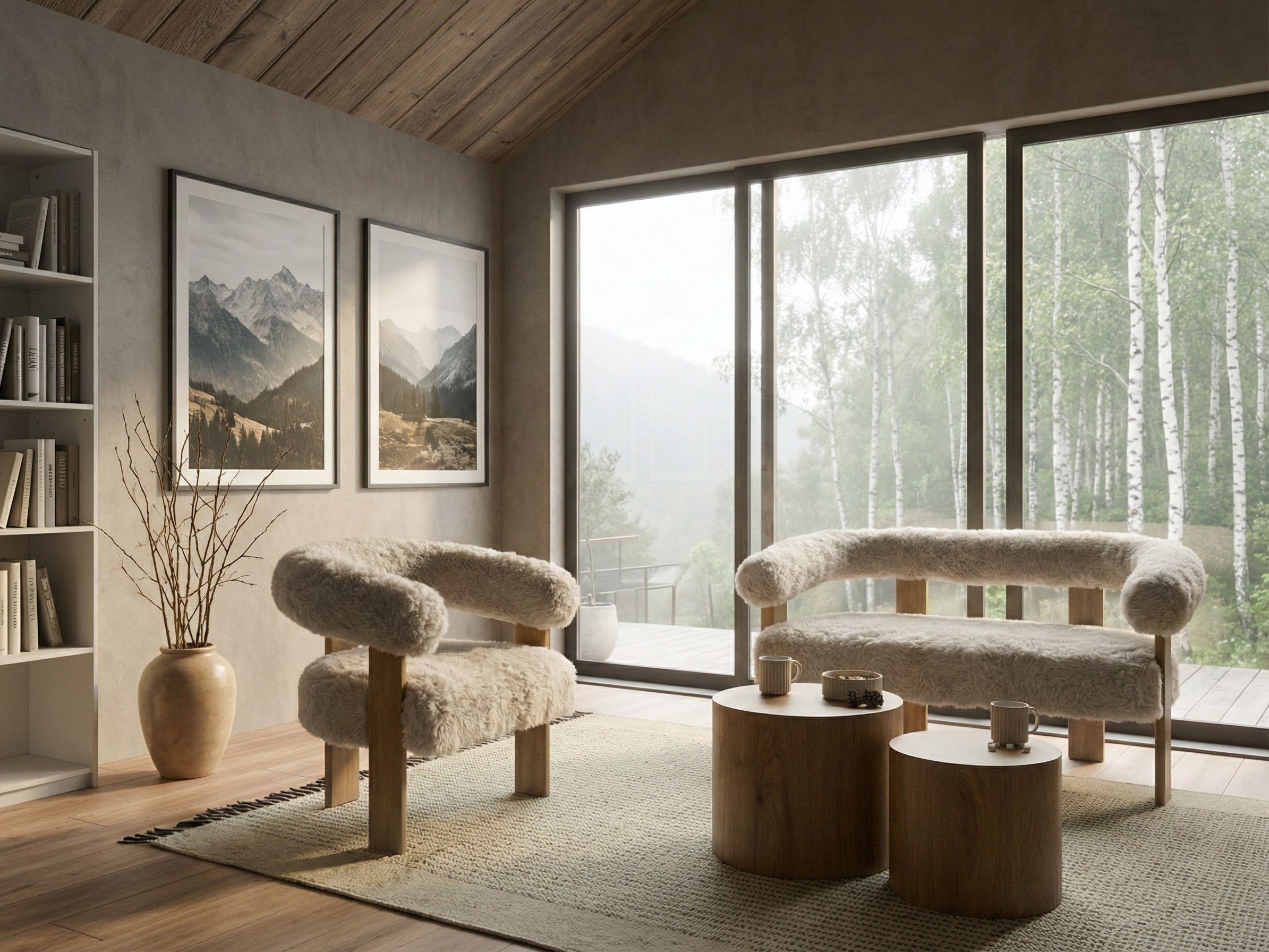 Living Room Set ILBRO Faux Fur Off-White/ Light Brown